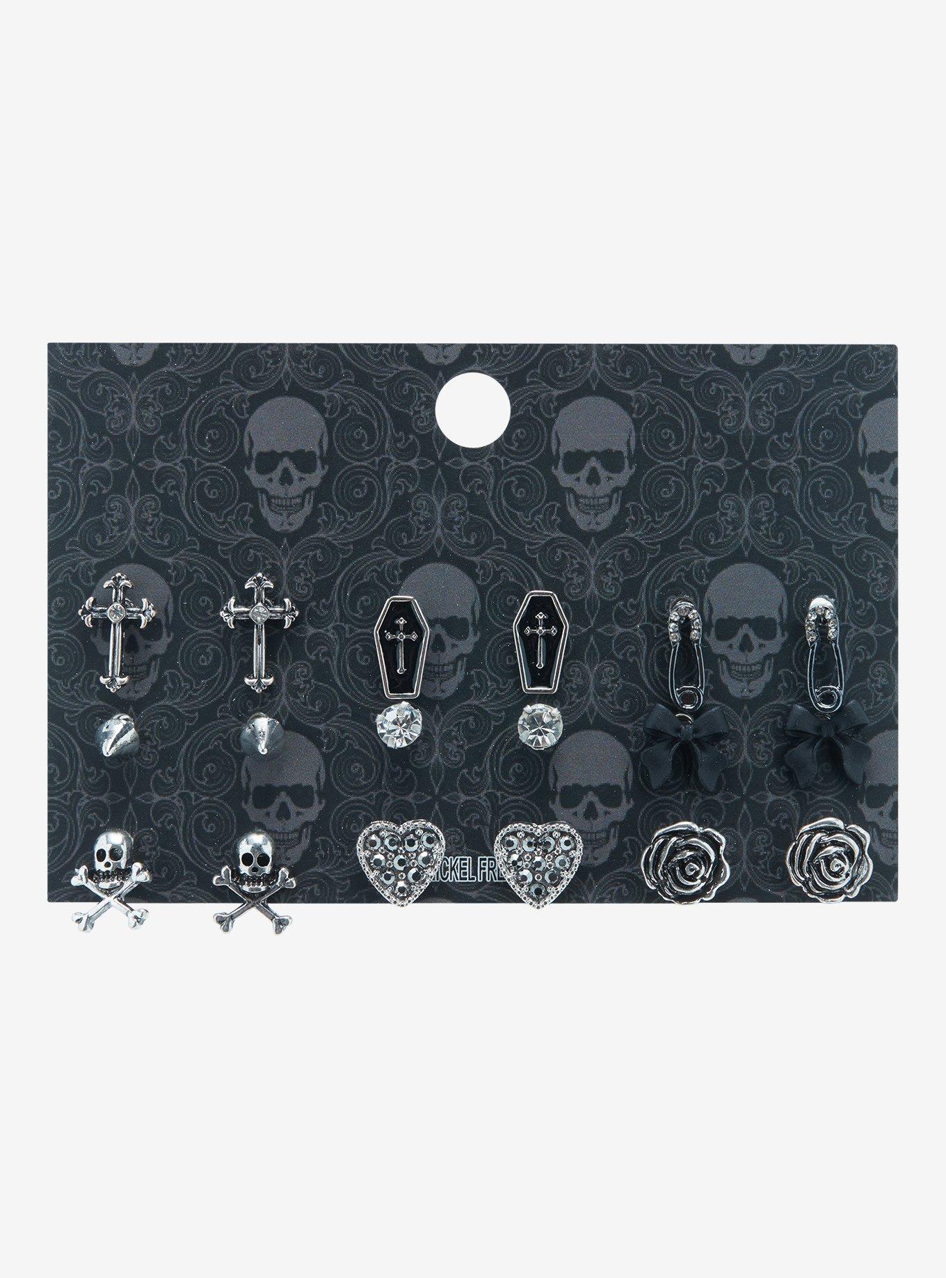 Gothic Coffin Skull Rose Earring Set, , hi-res