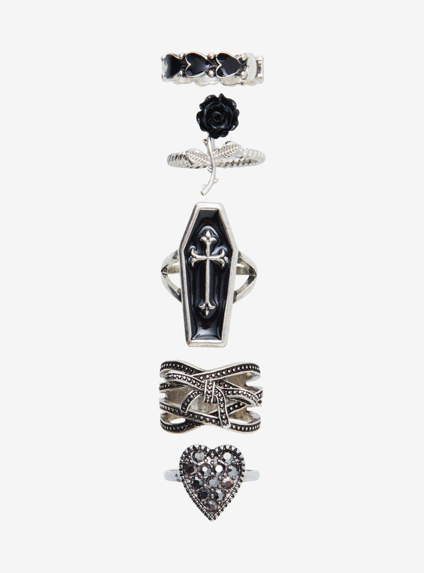 Black Coffin Rose Heart Ring Set, , hi-res