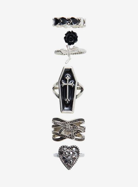 Black Coffin Rose Heart Ring Set | Hot Topic