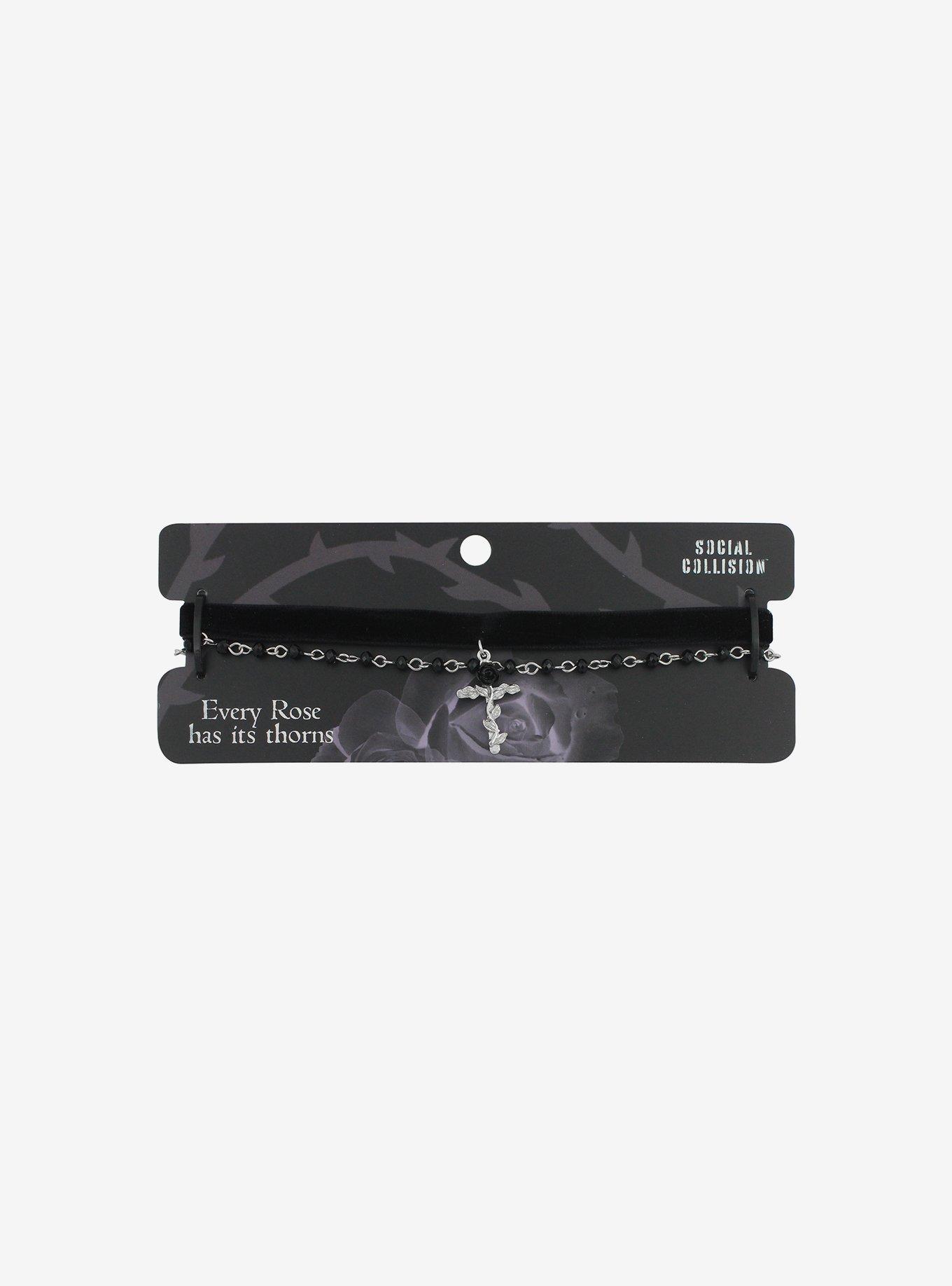 Social Collision Black Rose Cross Bead Layered Choker, , hi-res