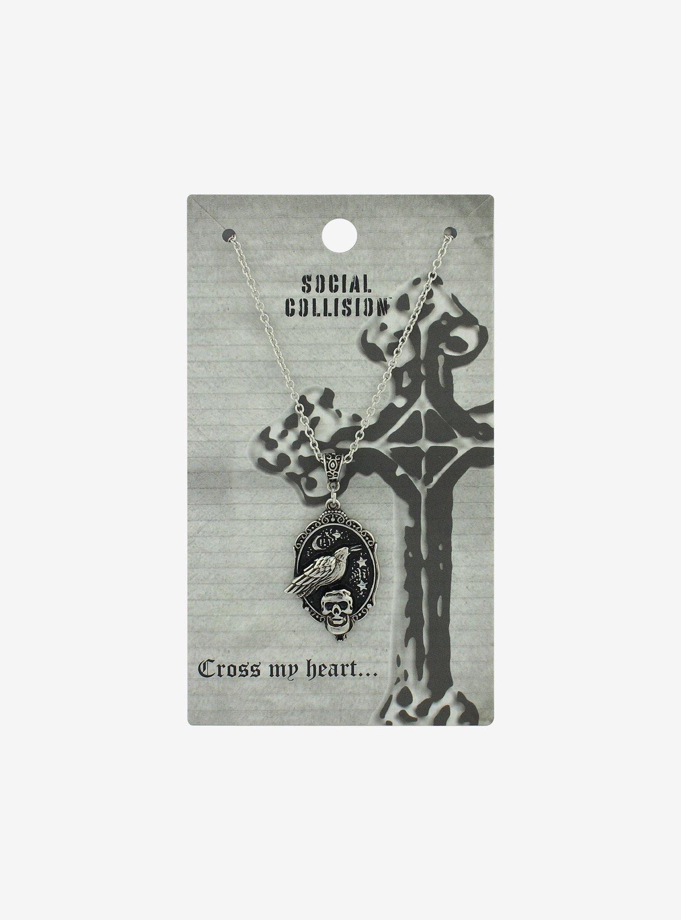 Social Collision Raven Skull Cameo Necklace, , hi-res