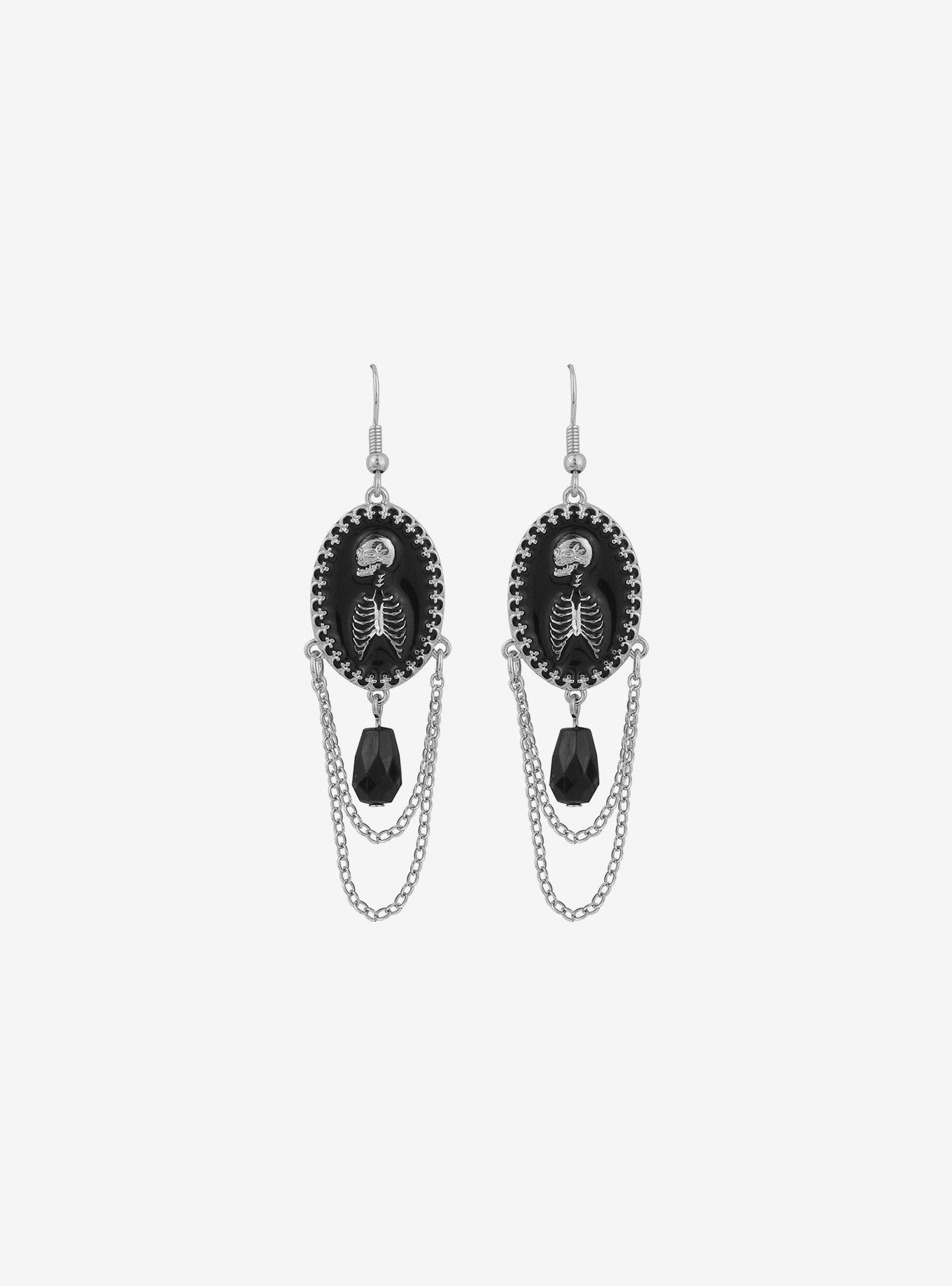 Social Collision Skeleton Cameo Chain Earrings, , hi-res