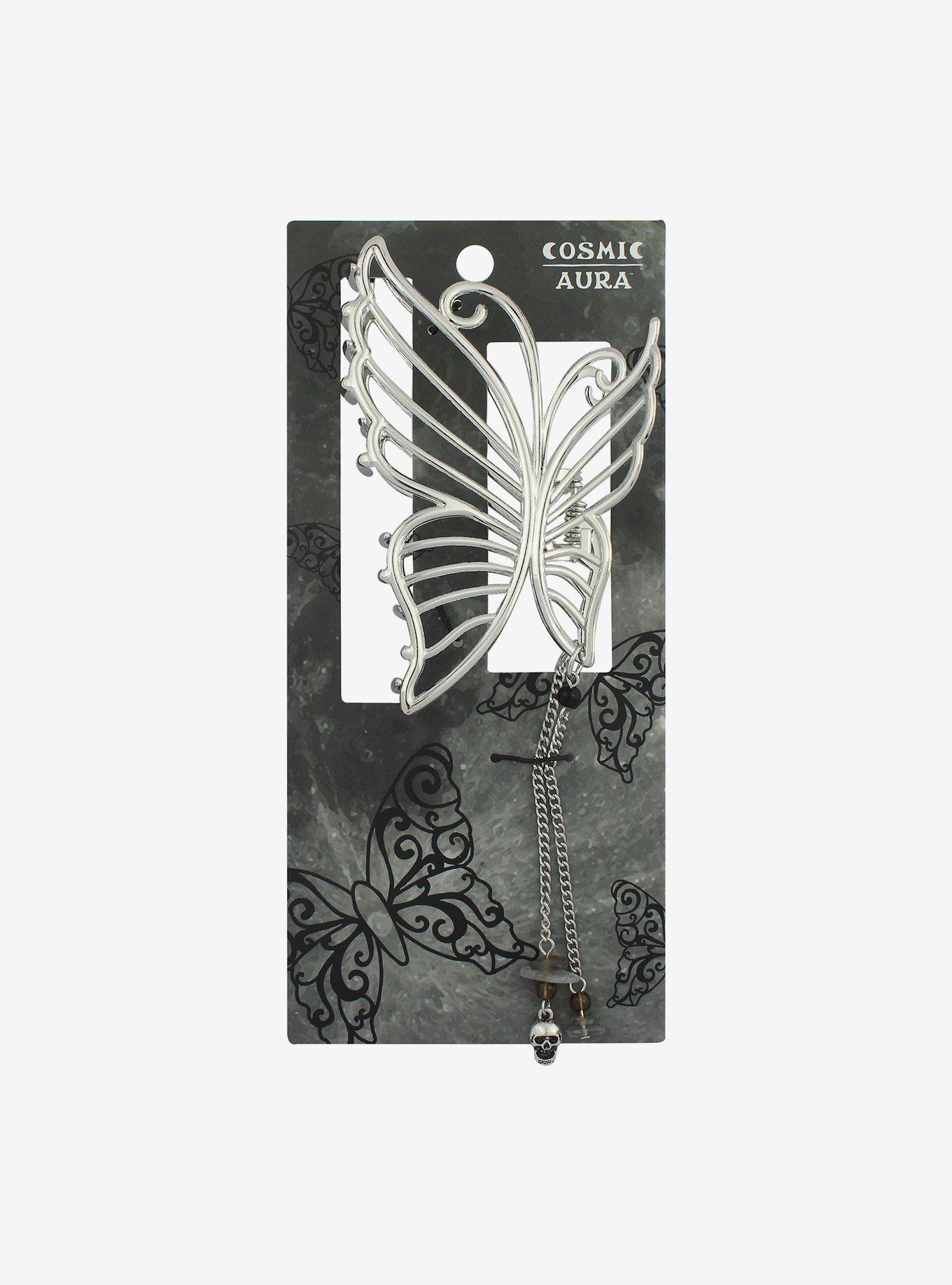 Cosmic Aura Silver Butterfly Skull Claw Hair Clip, , hi-res