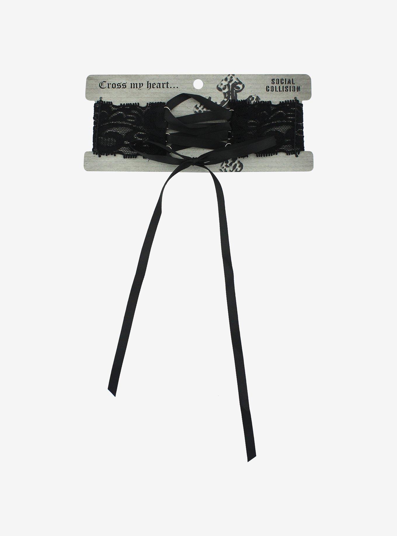 Social Collision Black Lace-Up Choker, , hi-res