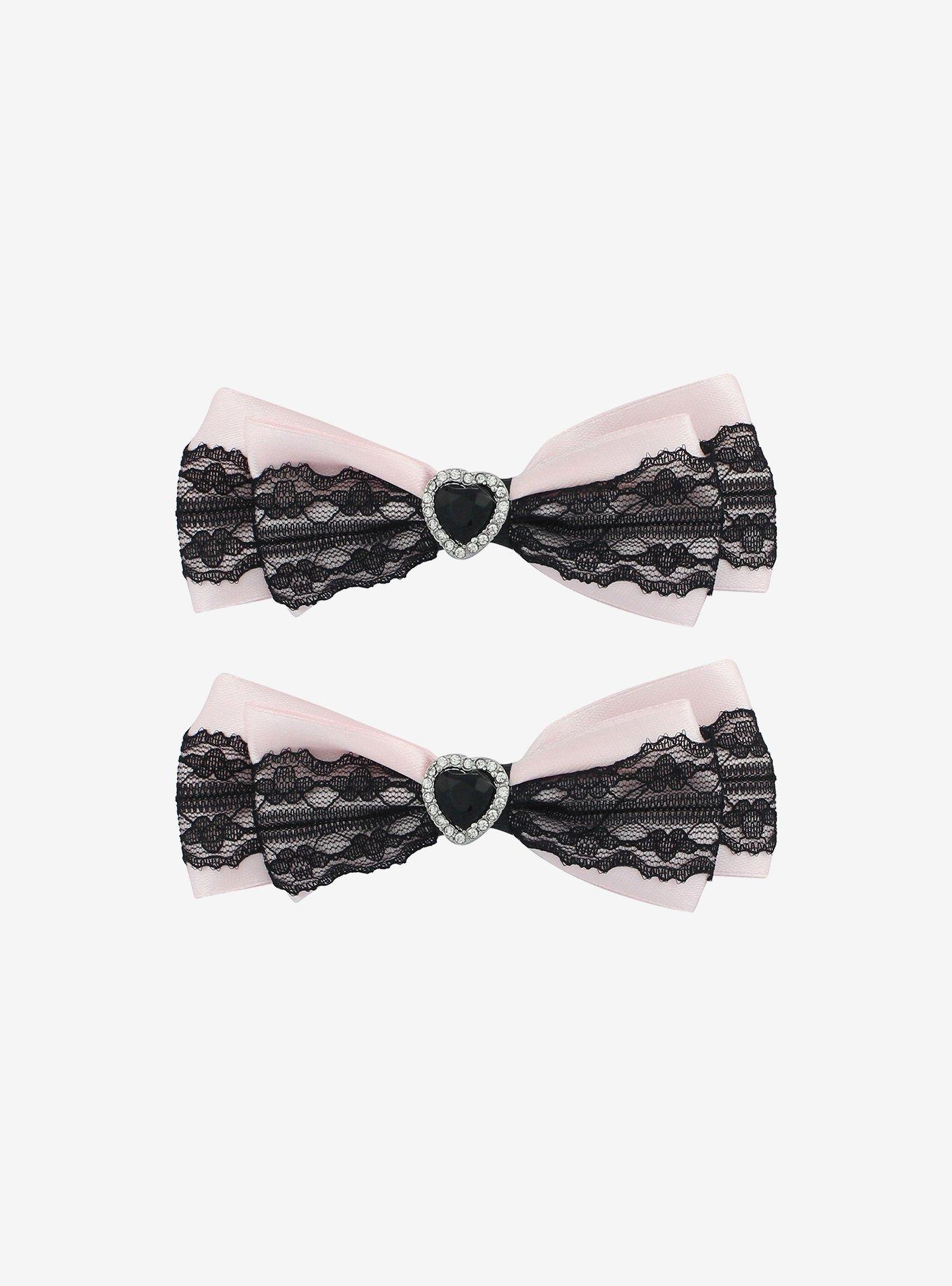 Sweet Society Pink & Black Lace Heart Hair Bow Set, , hi-res