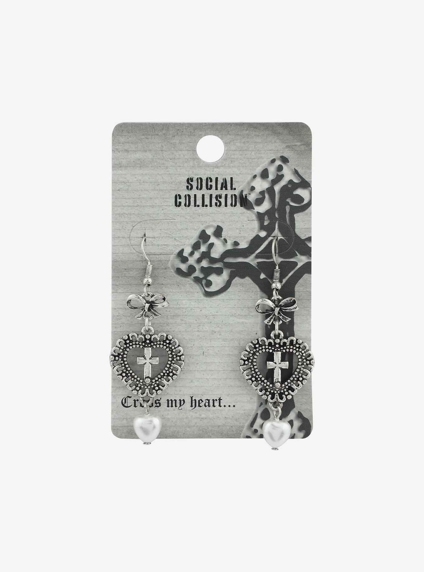 Social Collision Cross Pearl Heart Drop Earrings, , hi-res