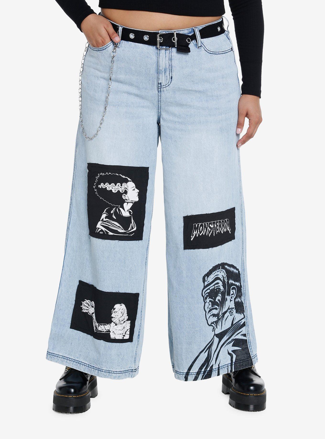 Universal Monsters Patch Chain Wide Leg Denim Pants With Belt Plus Size, BLACK, hi-res