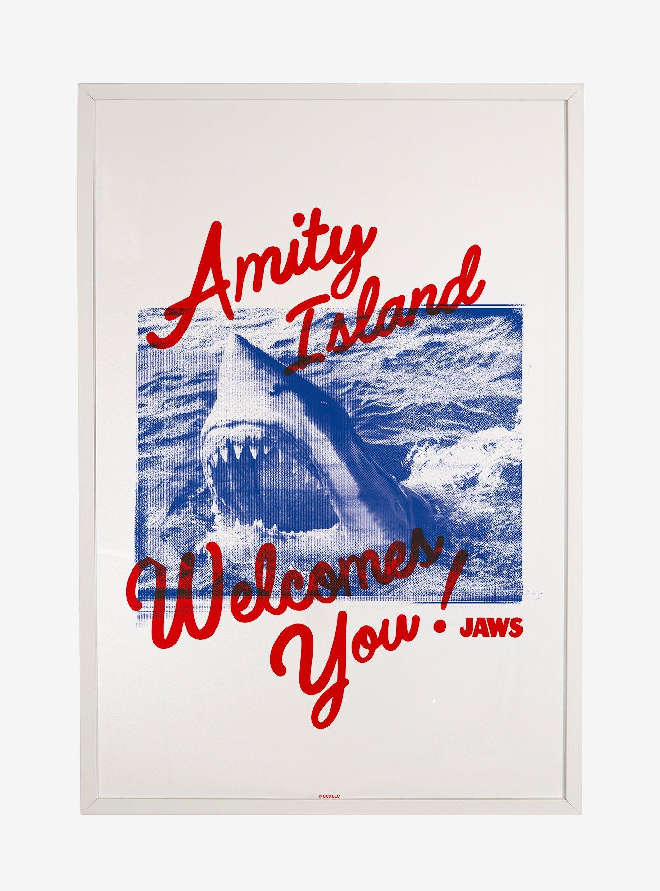 Jaws Amity Island Welcomes You! Framed Poster, WHITE, hi-res