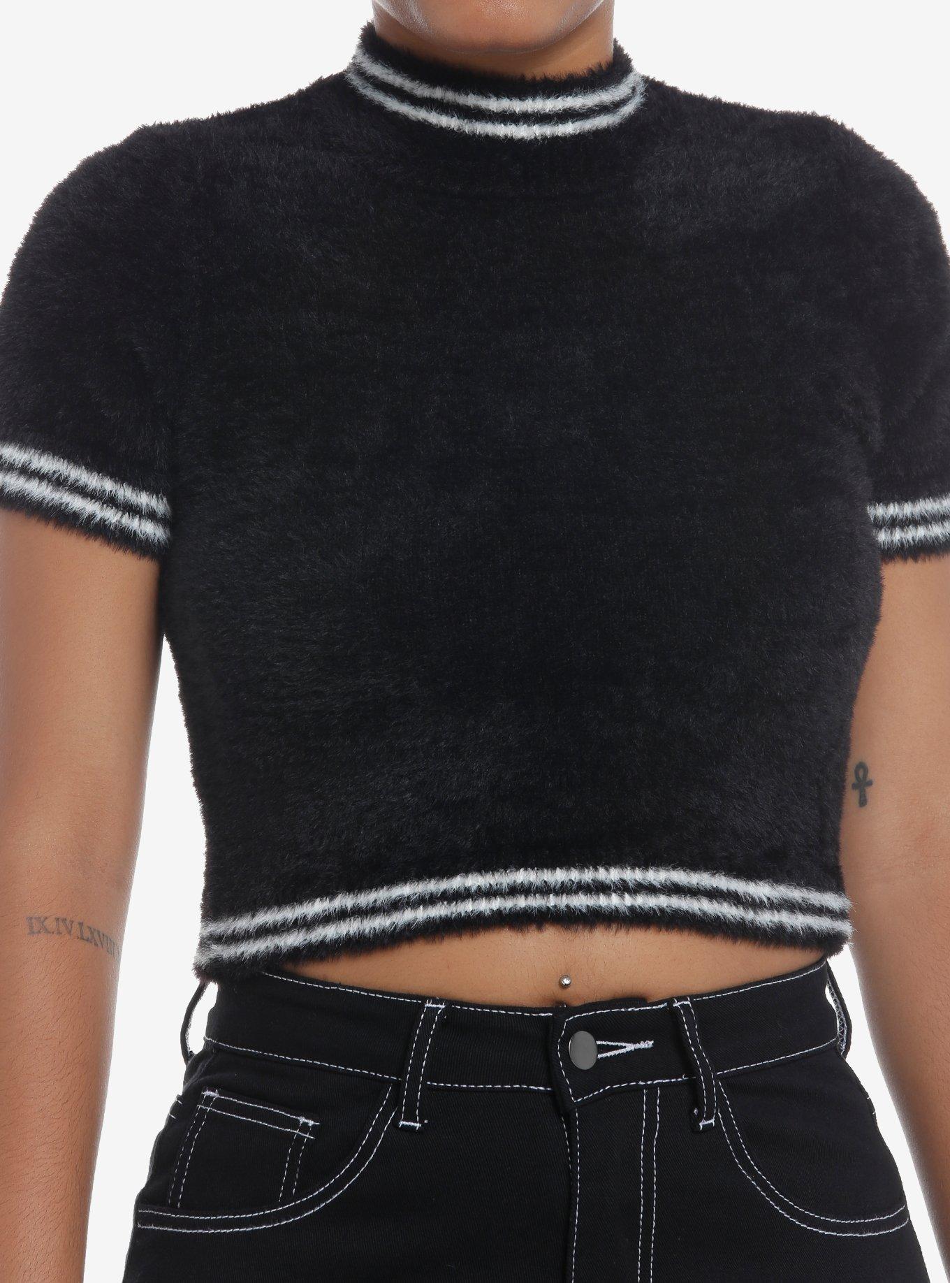 Social Collision Black Stripe Fuzzy Girls Crop Top, STRIPES - ORANGE, hi-res