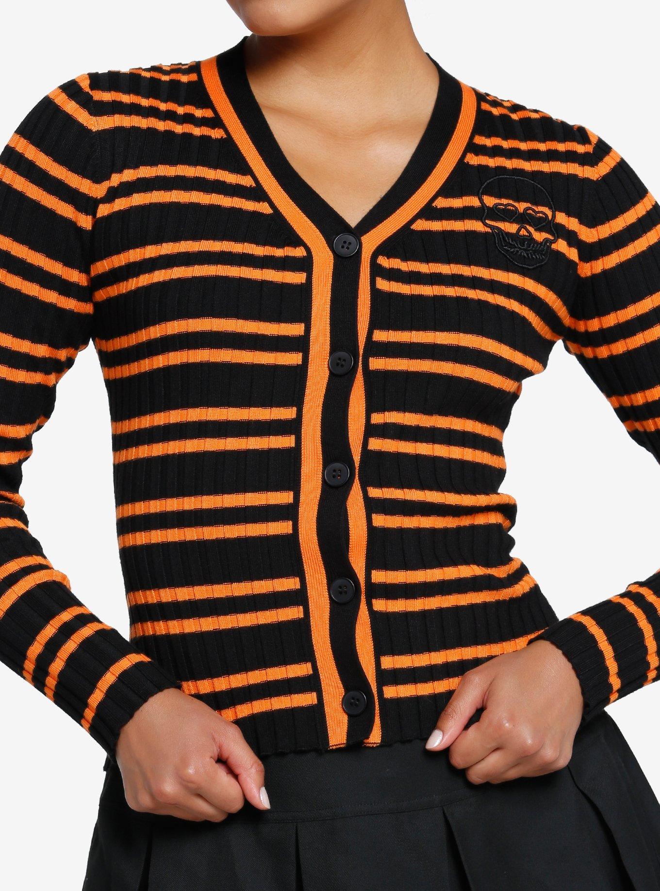 Social Collision Black & Orange Stripe Skull Girls Cardigan, STRIPES - ORANGE, hi-res