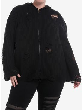 Social Collision Black Distressed Knit Girls Cardigan Plus Size, , hi-res