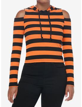 Social Collision Black & Orange Stripe Girls Crop Hooded Top, , hi-res