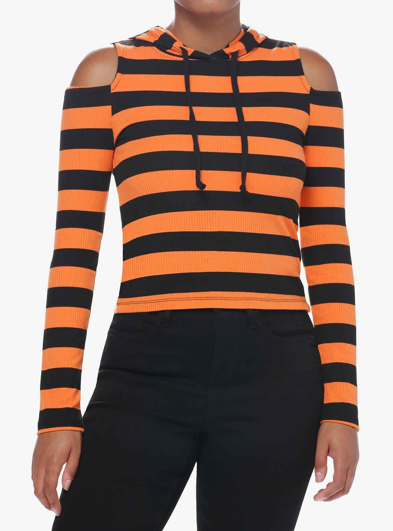Social Collision Black & Orange Stripe Girls Crop Hooded Top, STRIPES - ORANGE, hi-res