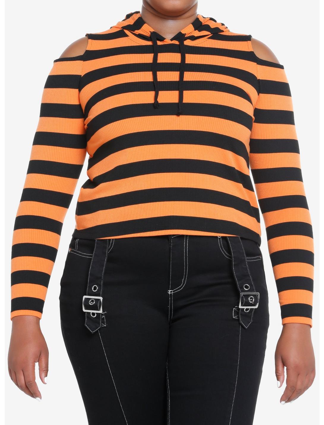 Social Collision Black & Orange Stripe Girls Crop Hooded Top Plus Size, STRIPES - ORANGE, hi-res