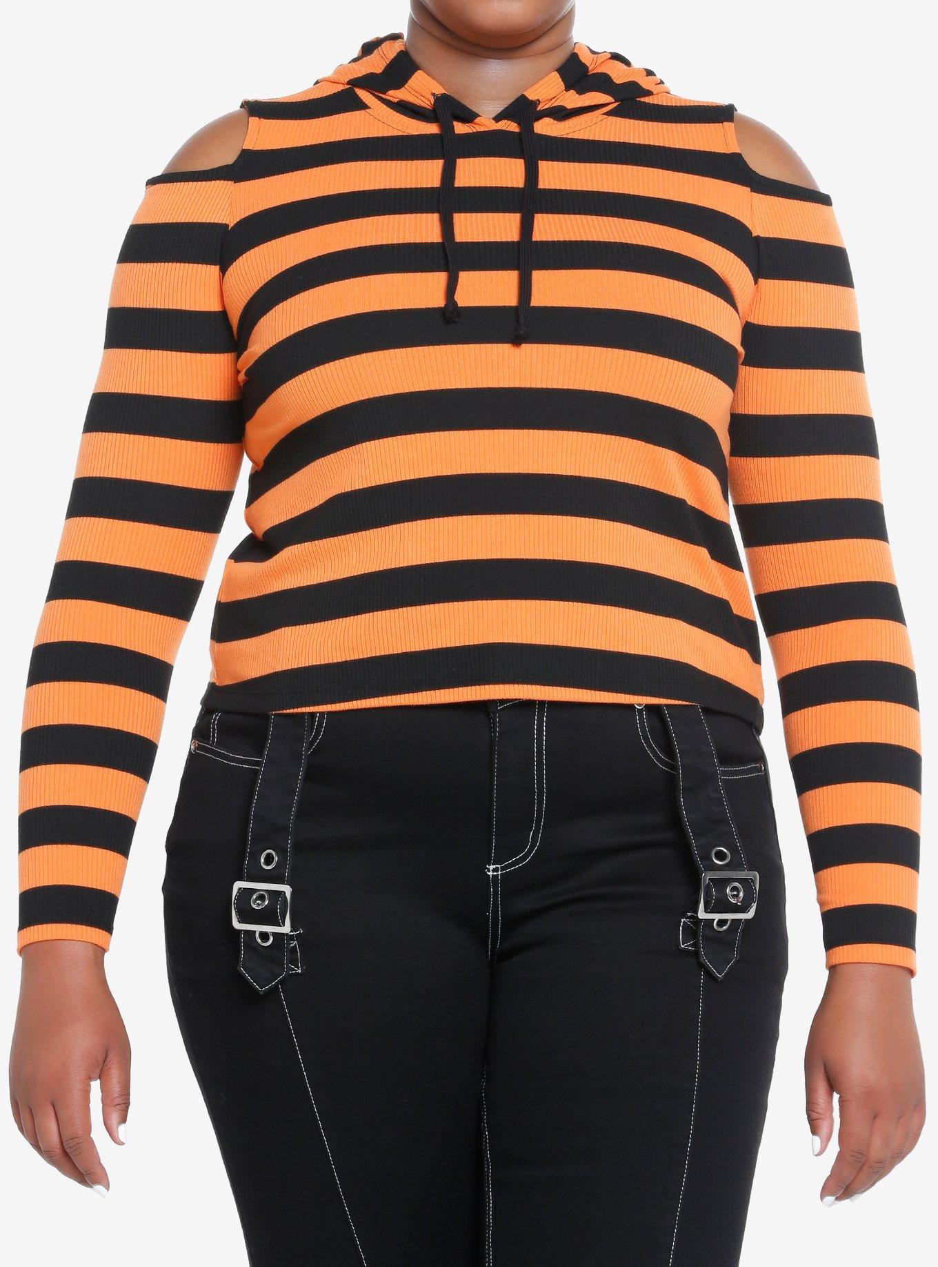 Social Collision Black & Orange Stripe Girls Crop Hooded Top Plus Size, STRIPES - ORANGE, hi-res