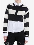 Social Collision Black & White Stripe Girls Cardigan Woven Button-Up Twofer, STRIPES, hi-res