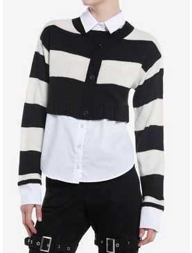 Social Collision Black & White Stripe Girls Cardigan Woven Button-Up Twofer, , hi-res