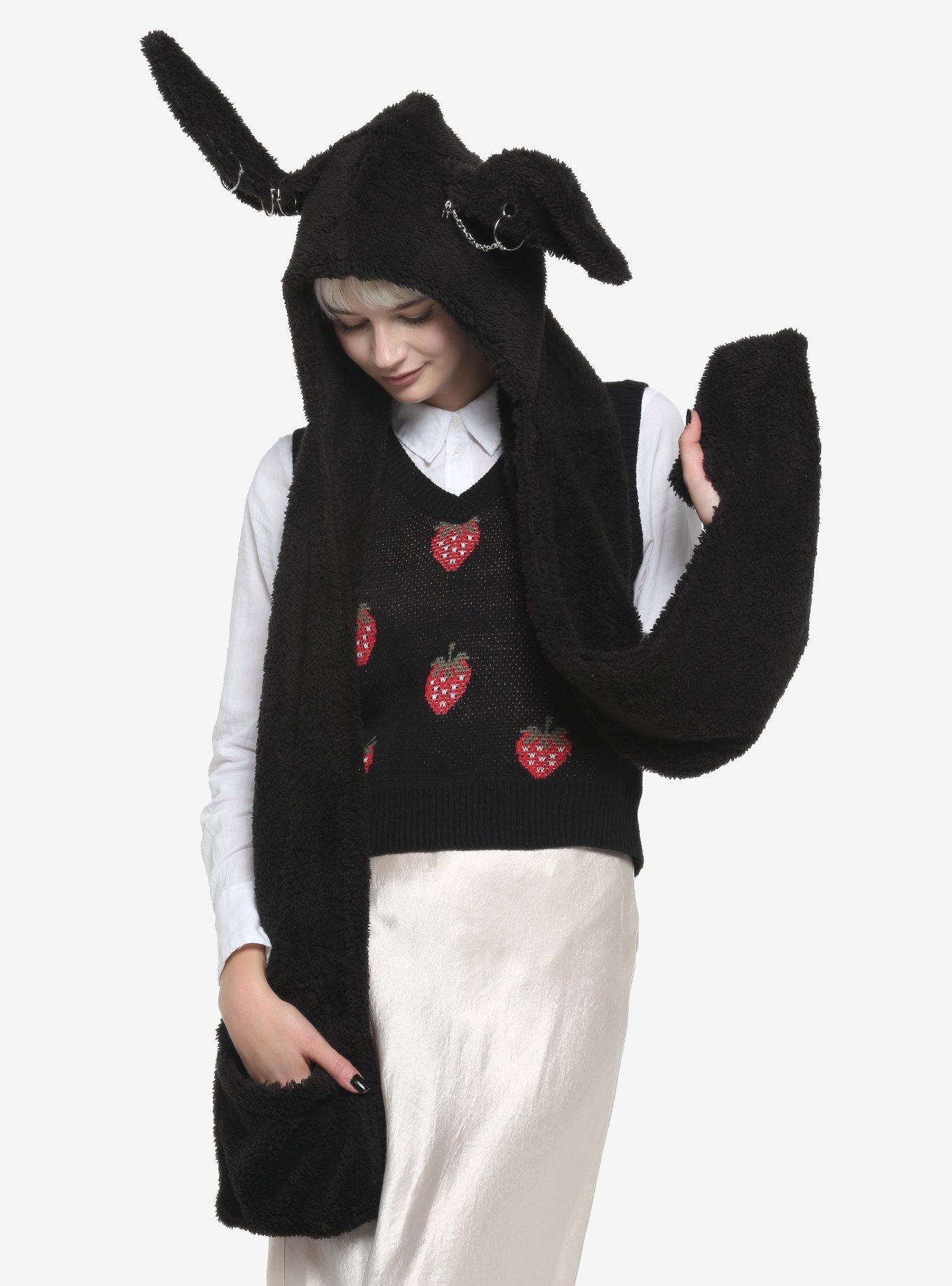 Black Fuzzy Bunny Pierced Ears Hat Scarf, , hi-res