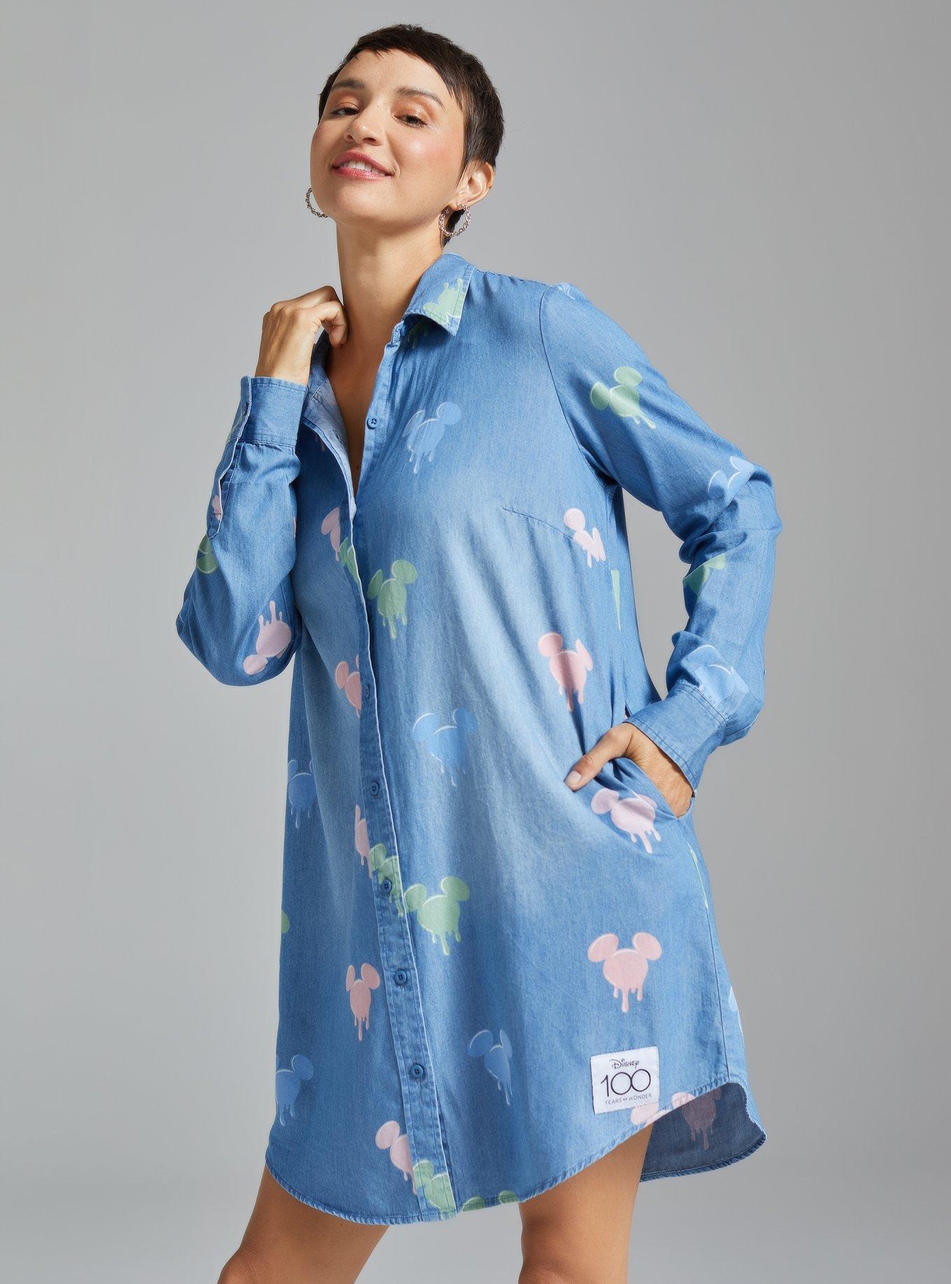 Her Universe Disney100 Mickey Mouse Allover Print Button-Down Denim Shirt Dress, , hi-res