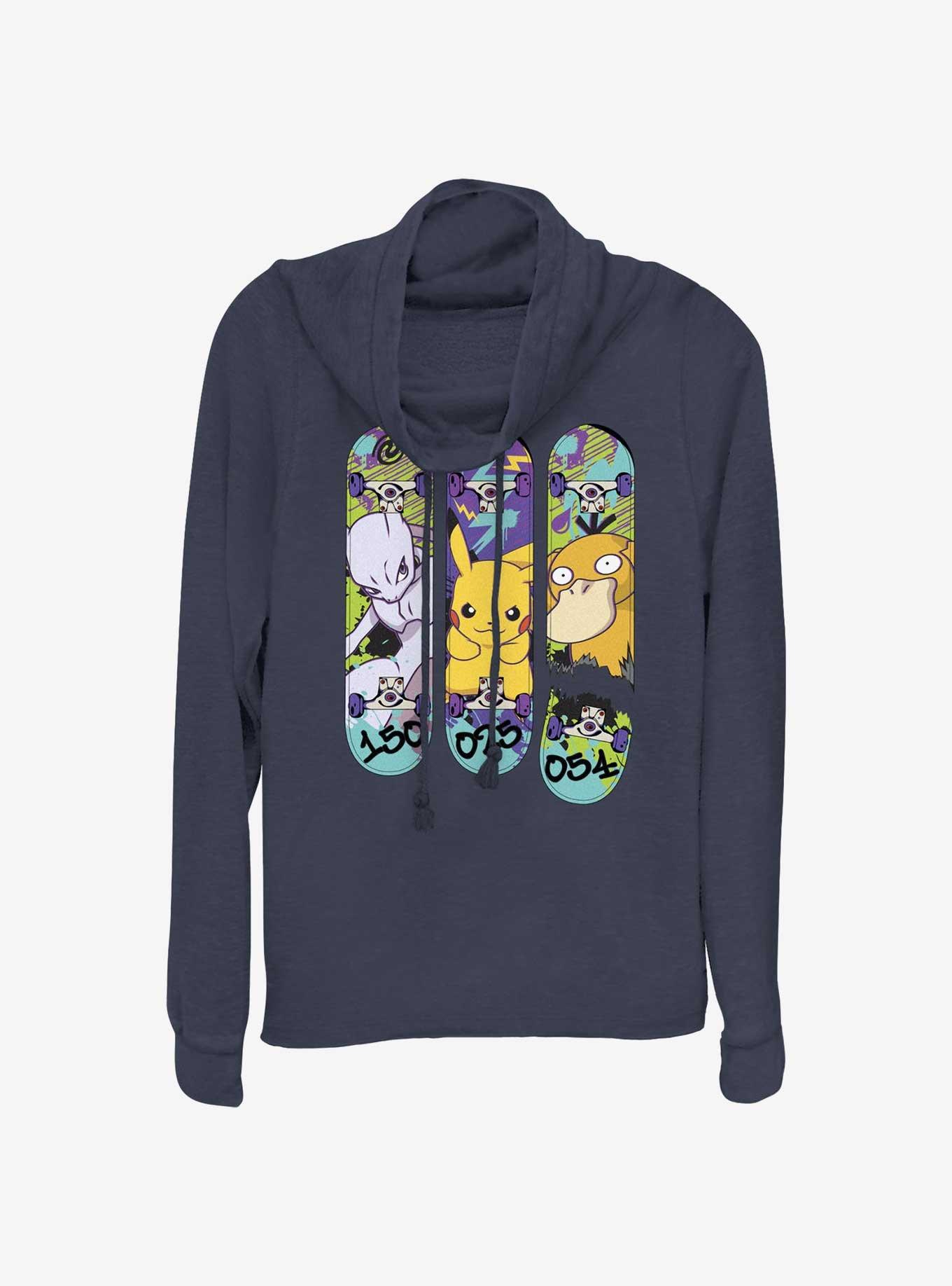 Pokemon Mewtwo, Pikachu, and Psyduck Skateboard Deck Art Long-Sleeve Cowl Neck Top, NAVY, hi-res