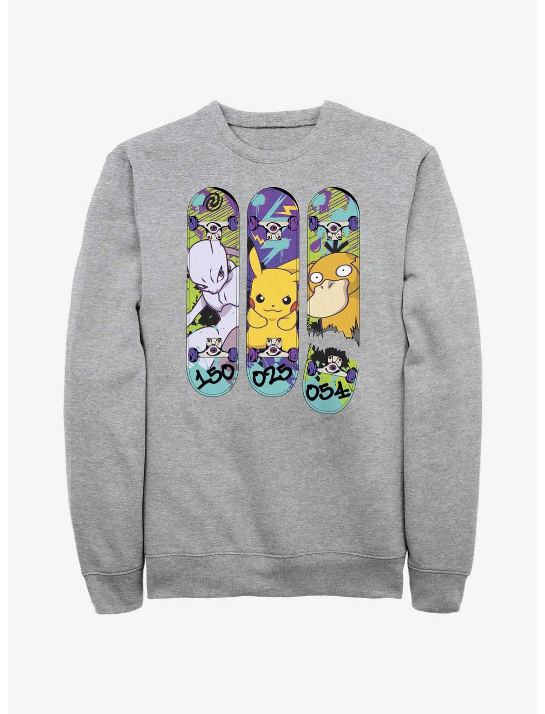 Pokemon Mewtwo, Pikachu, and Psyduck Skateboard Deck Art Sweatshirt, ATH HTR, hi-res