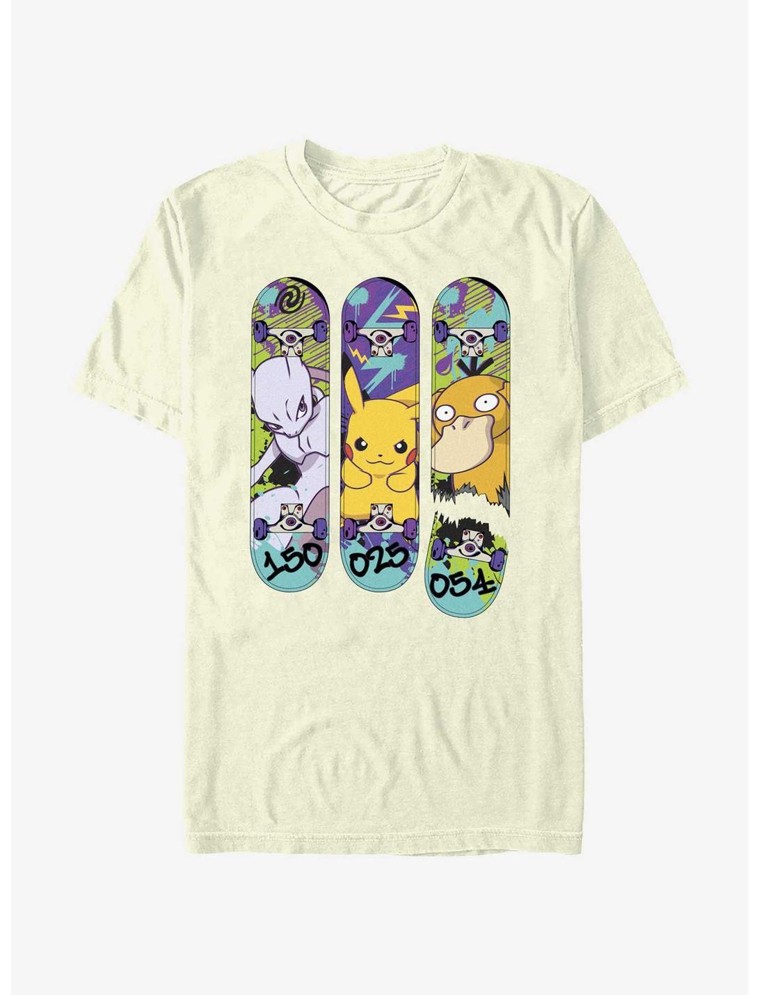 Pokemon Mewtwo, Pikachu, and Psyduck Skateboard Deck Art T-Shirt, NATURAL, hi-res