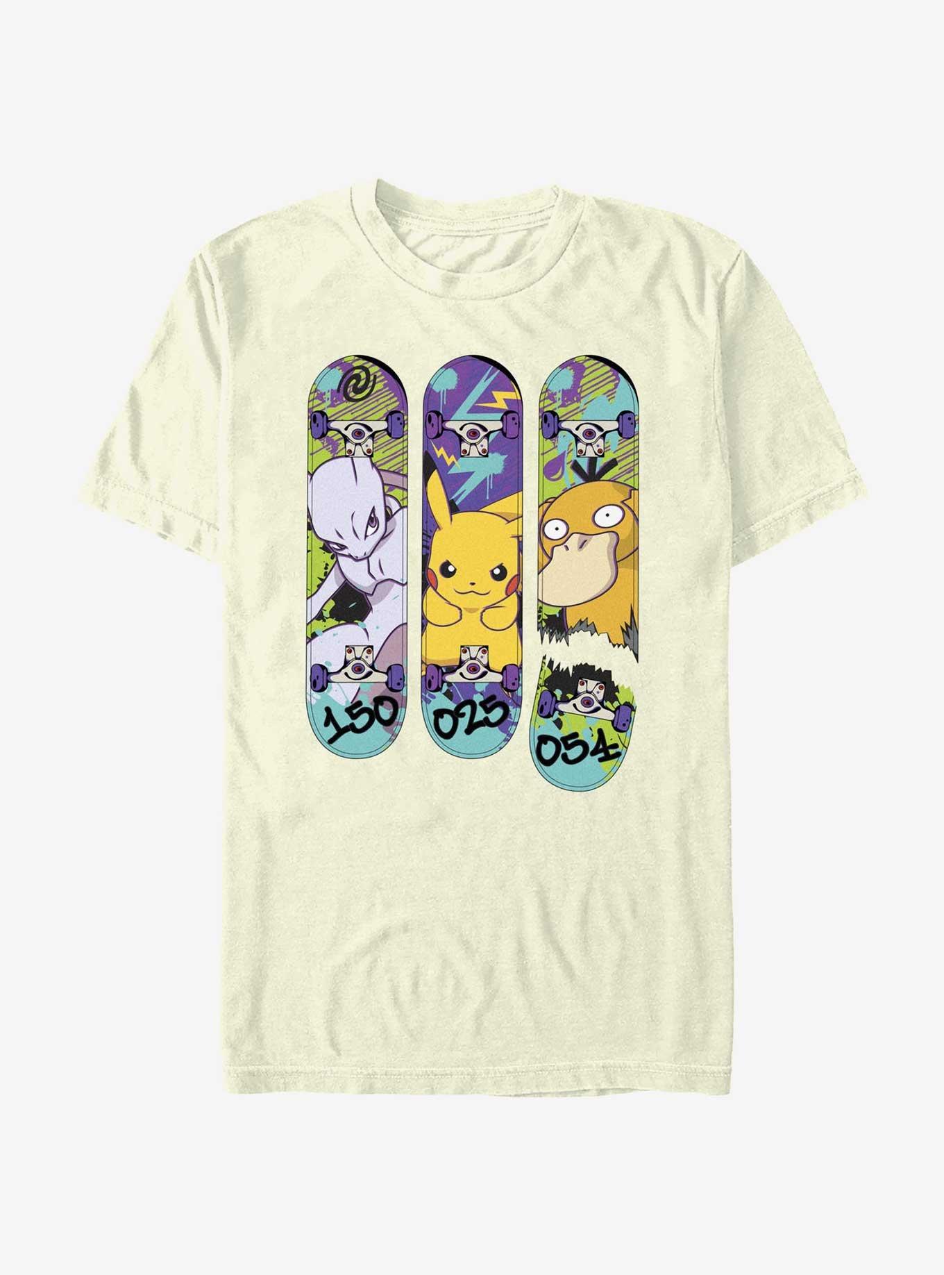 Pokemon Mewtwo, Pikachu, and Psyduck Skateboard Deck Art T-Shirt, NATURAL, hi-res