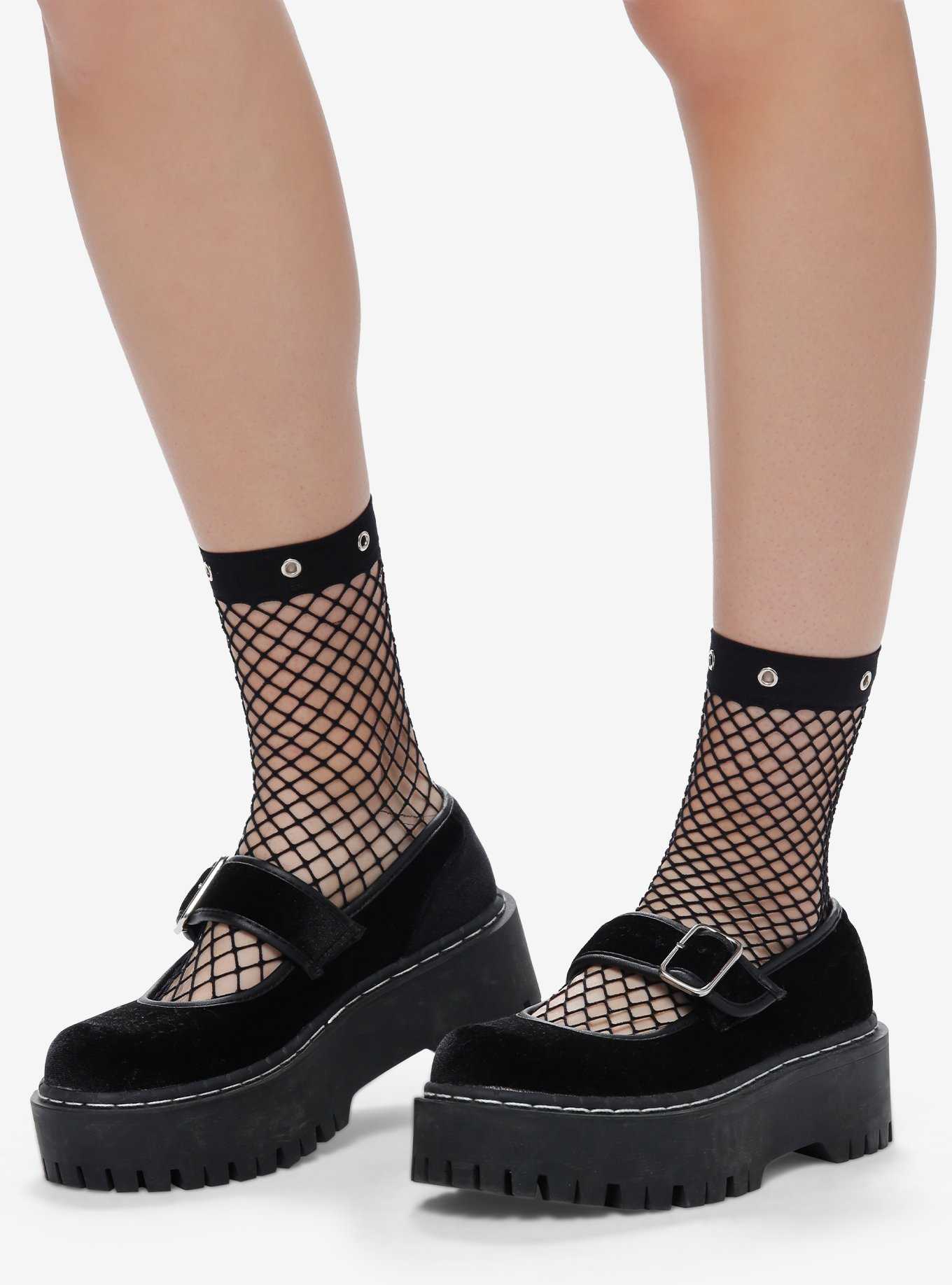 Black Fishnet Grommet Ankle Socks, , hi-res