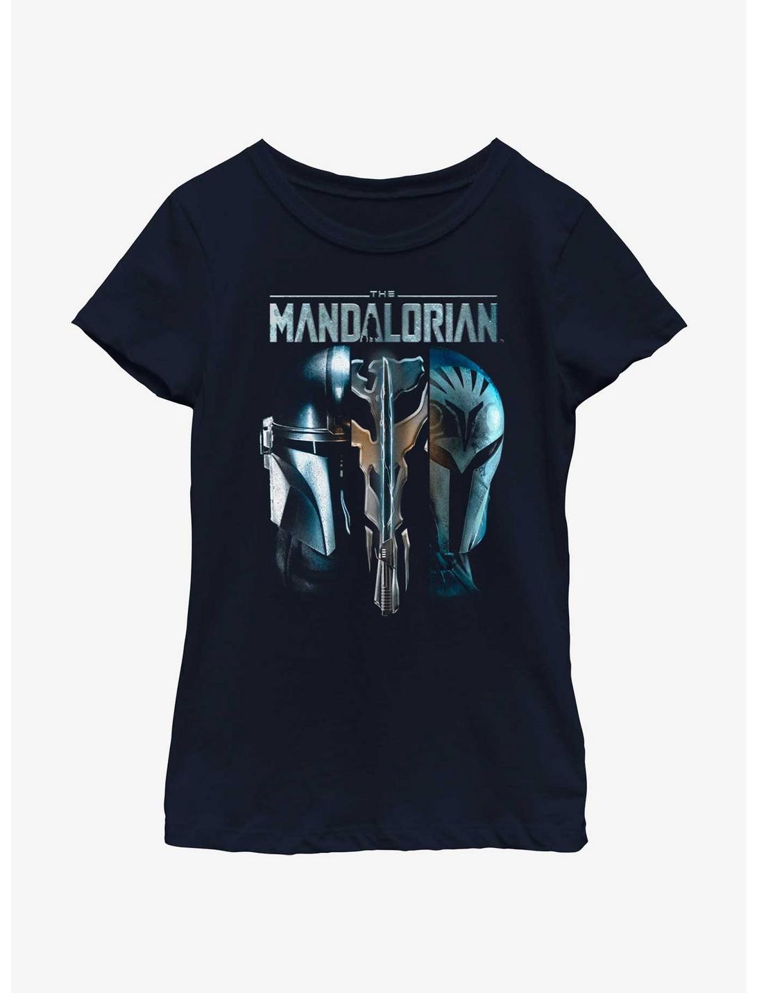 Star Wars The Mandalorian Din Djarin & Bo-Katan Mythosaur Youth Girls T-Shirt BoxLunch Web Exclusive, NAVY, hi-res
