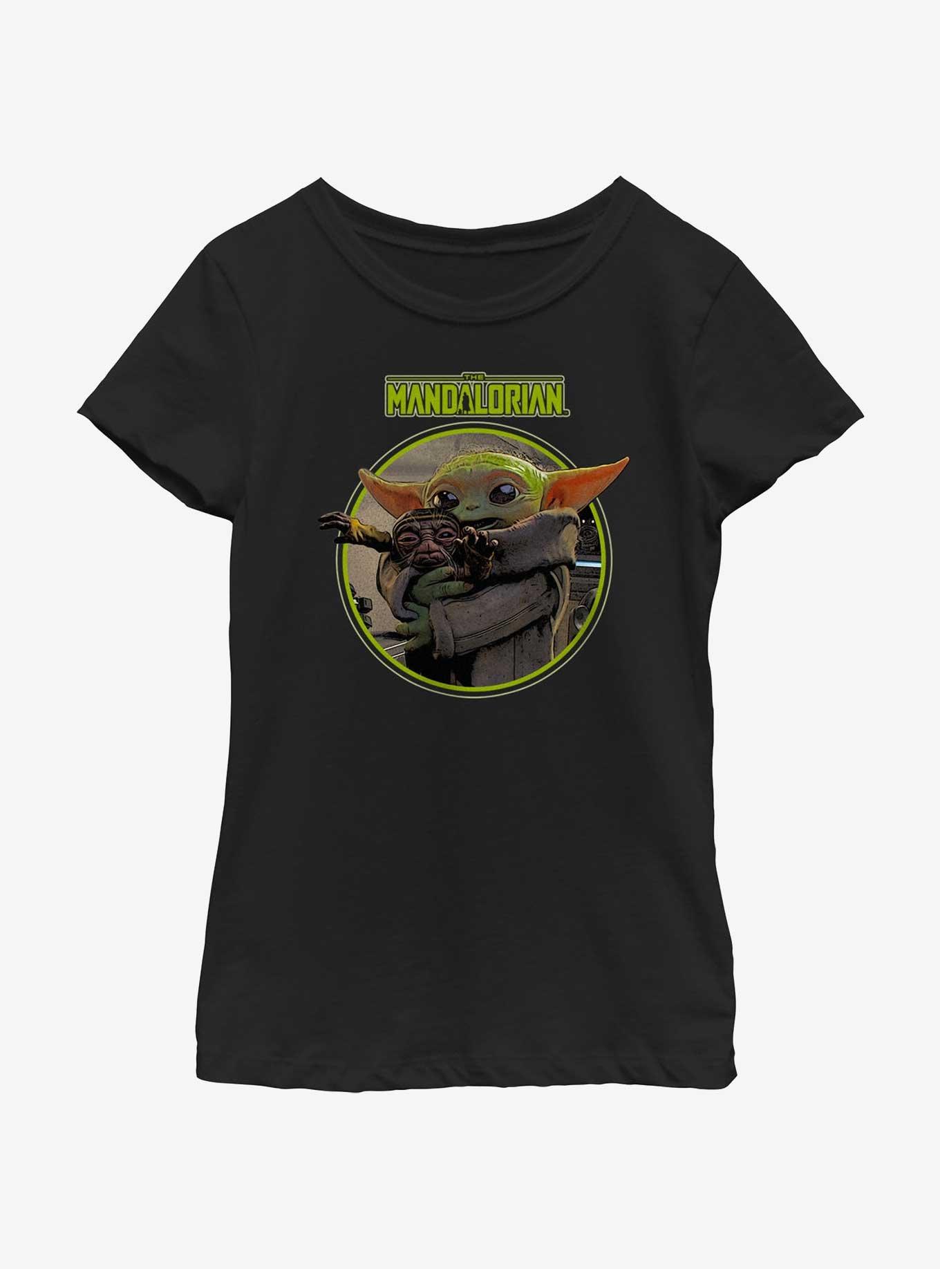 Star Wars The Mandalorian Grogu Hugging An Anzellan Youth Girls T-Shirt BoxLunch Web Exclusive, BLACK, hi-res