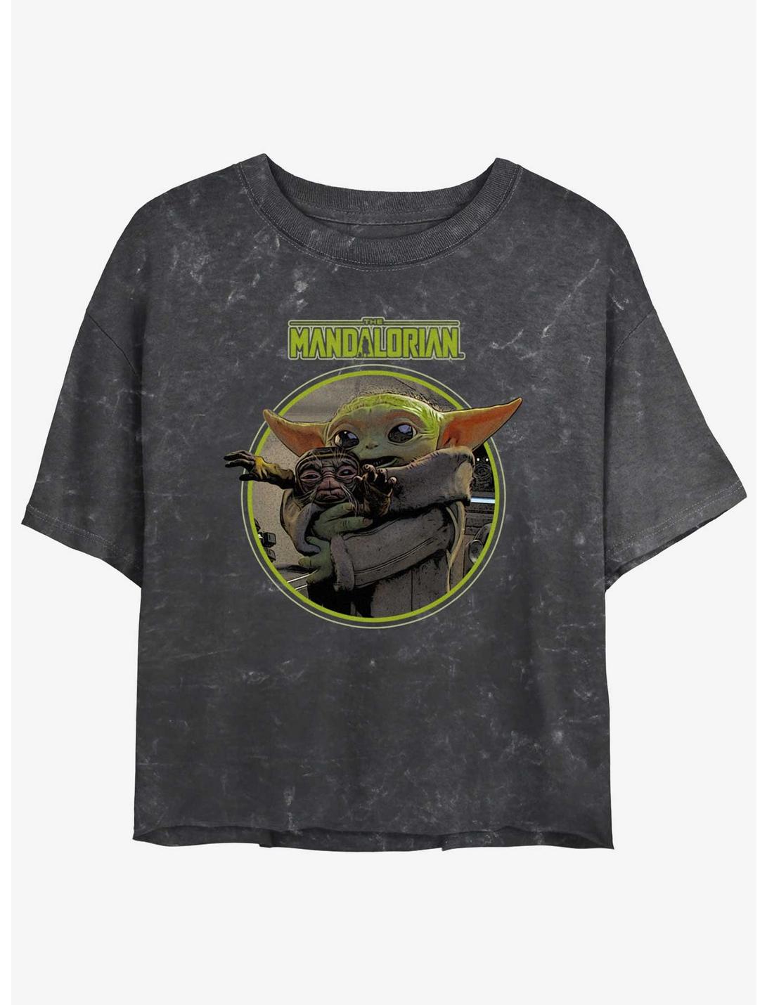 Star Wars The Mandalorian Grogu Hugging An Anzellan Mineral Wash Womens Crop T-Shirt BoxLunch Web Exclusive, BLACK, hi-res