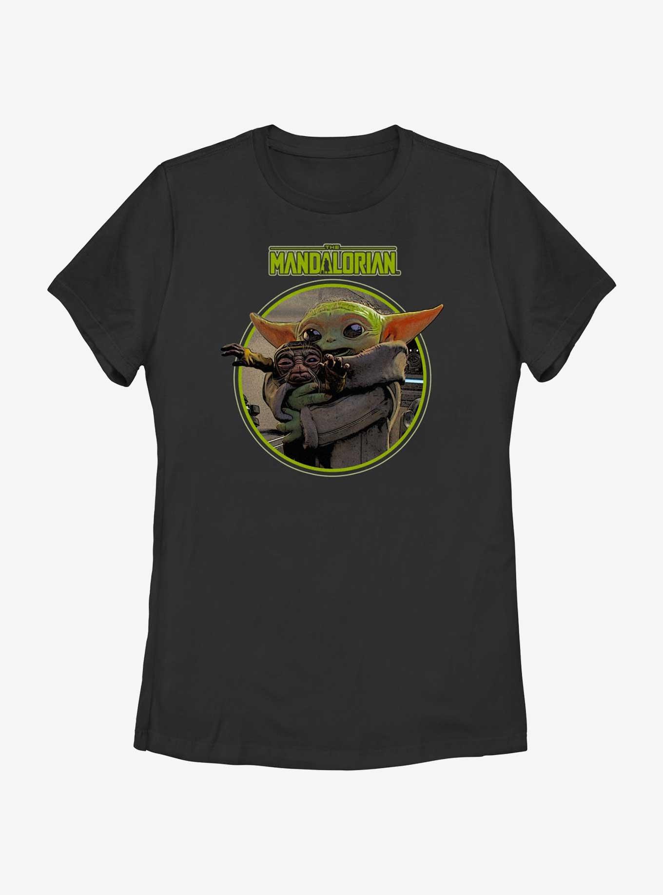 Star Wars The Mandalorian Grogu Hugging An Anzellan Womens T-Shirt BoxLunch Web Exclusive, BLACK, hi-res