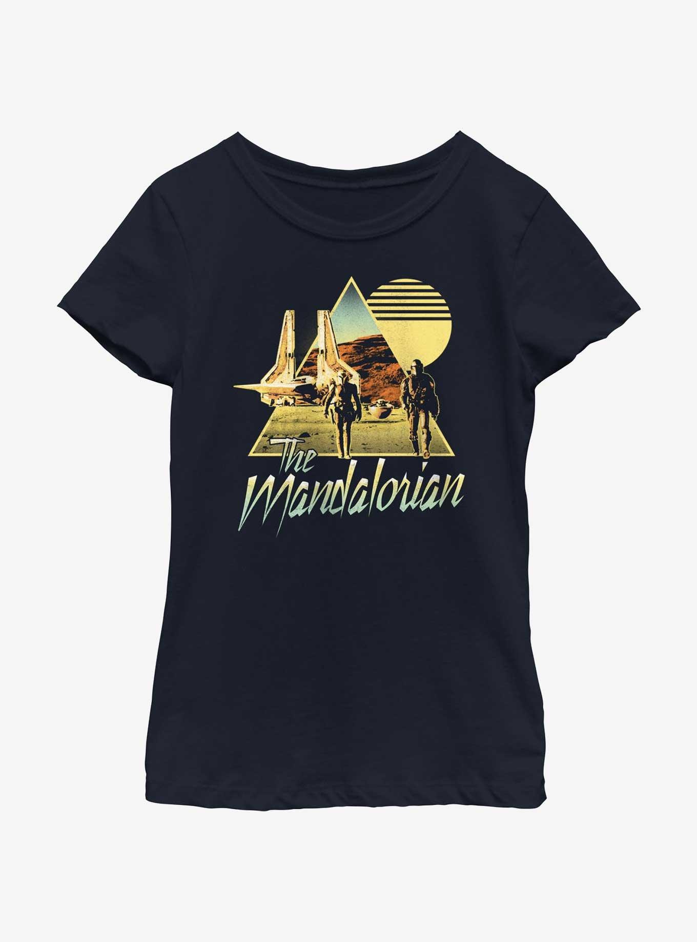 Star Wars The Mandalorian Bo-Katan & Din Djarin Sunset Nevarro Landing Youth Girls T-Shirt BoxLunch Web Exclusive, NAVY, hi-res