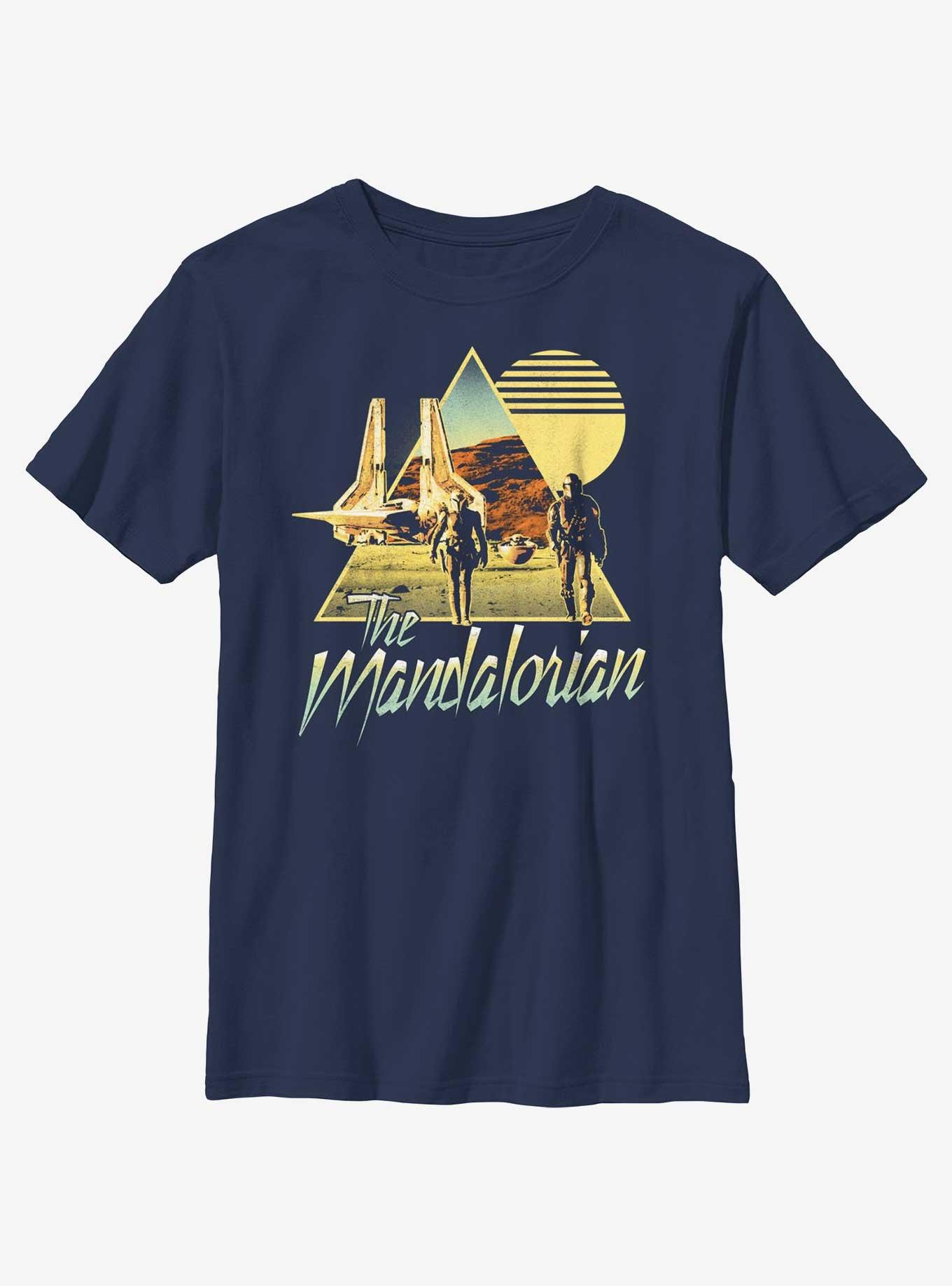 Star Wars The Mandalorian Bo-Katan & Din Djarin Sunset Nevarro Landing Youth T-Shirt BoxLunch Web Exclusive, NAVY, hi-res