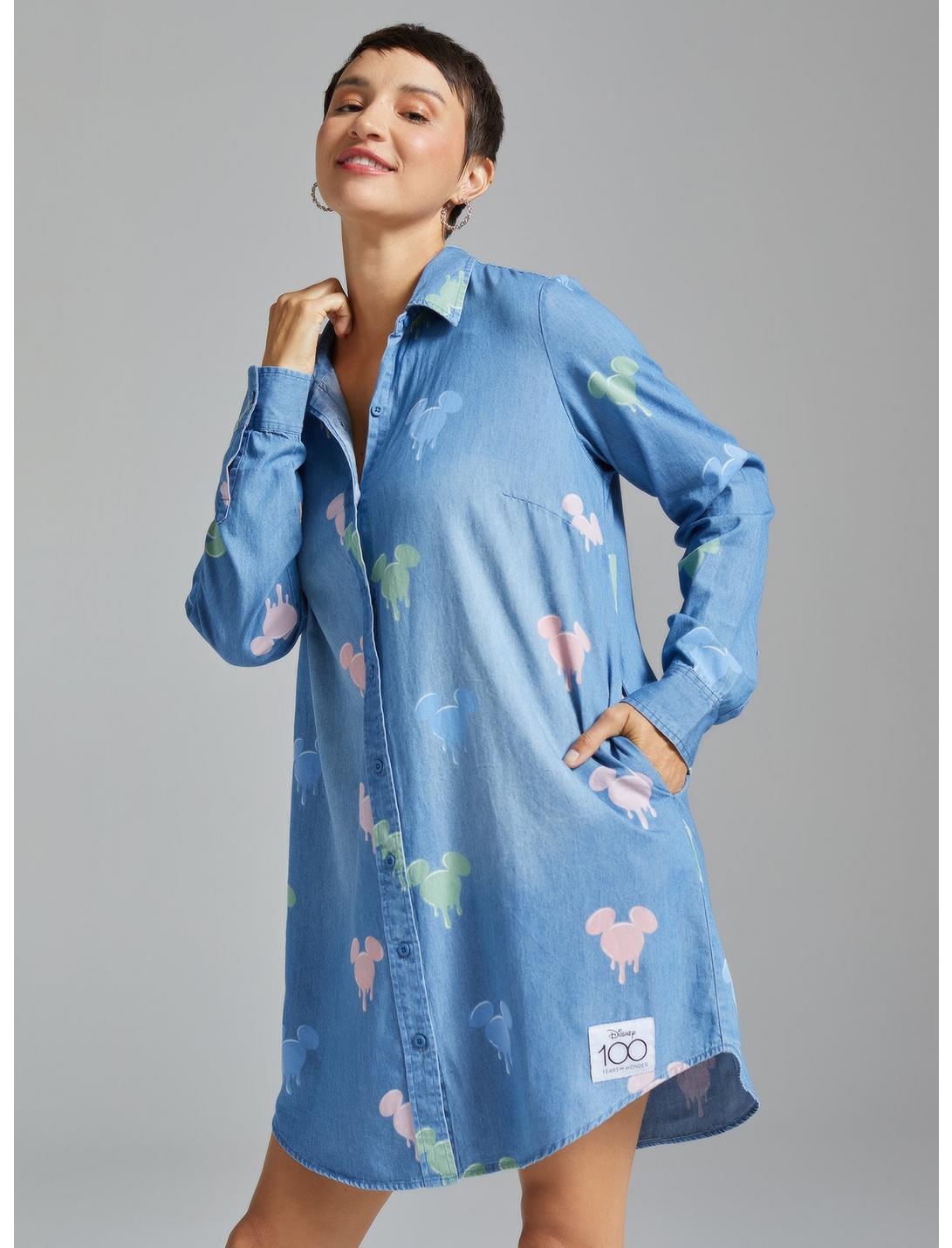 Disney 100 Mickey Mouse Allover Print Button-Down Denim Shirt Dress -  BoxLunch Exclusive