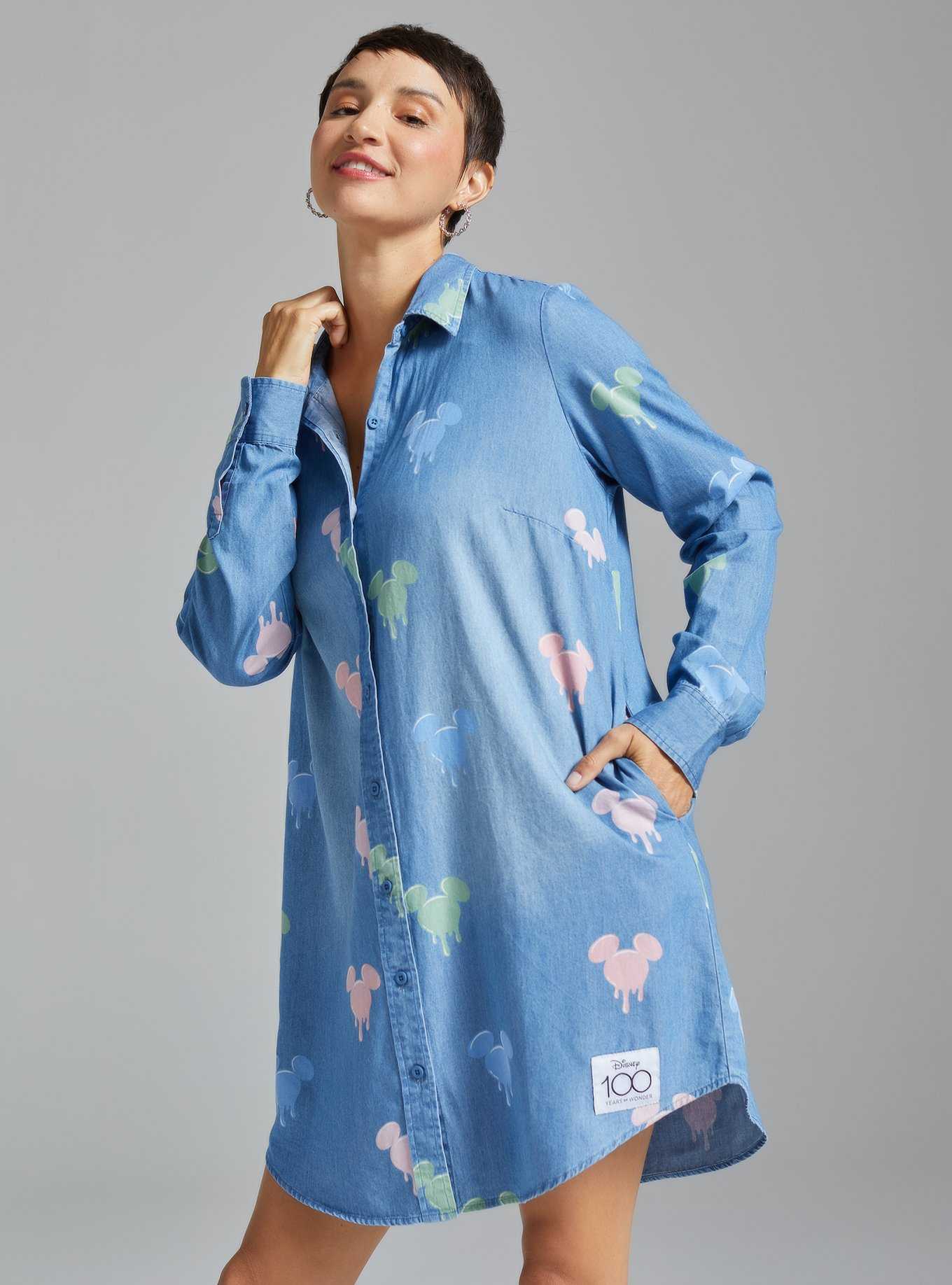 Disney 100 Mickey Mouse Allover Print Button-Down Denim Shirt Dress - BoxLunch Exclusive, , hi-res