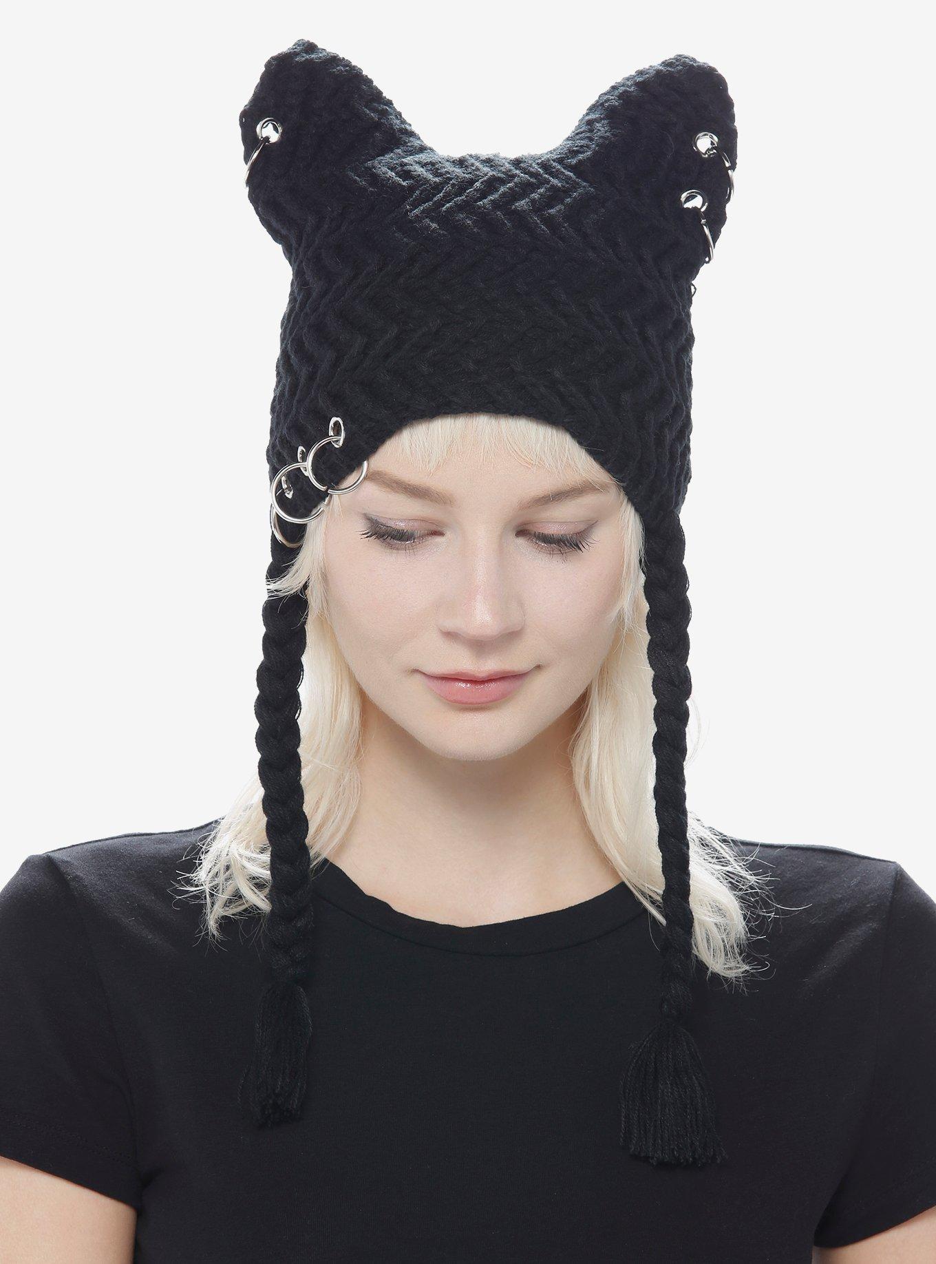 Pierced Black Cat Ear Tassel Beanie, , hi-res