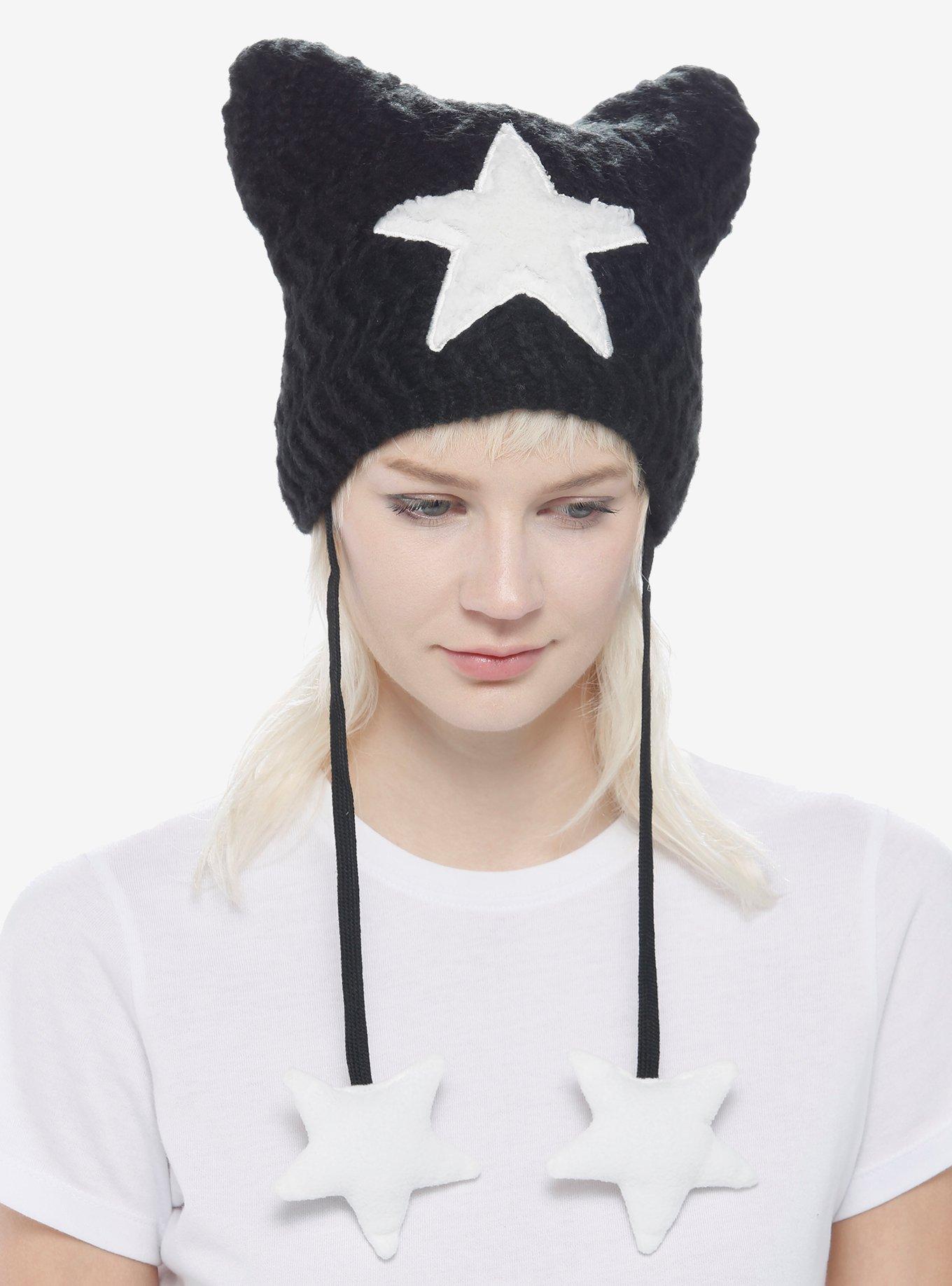 White Star Black Cat Ear Tassel Beanie