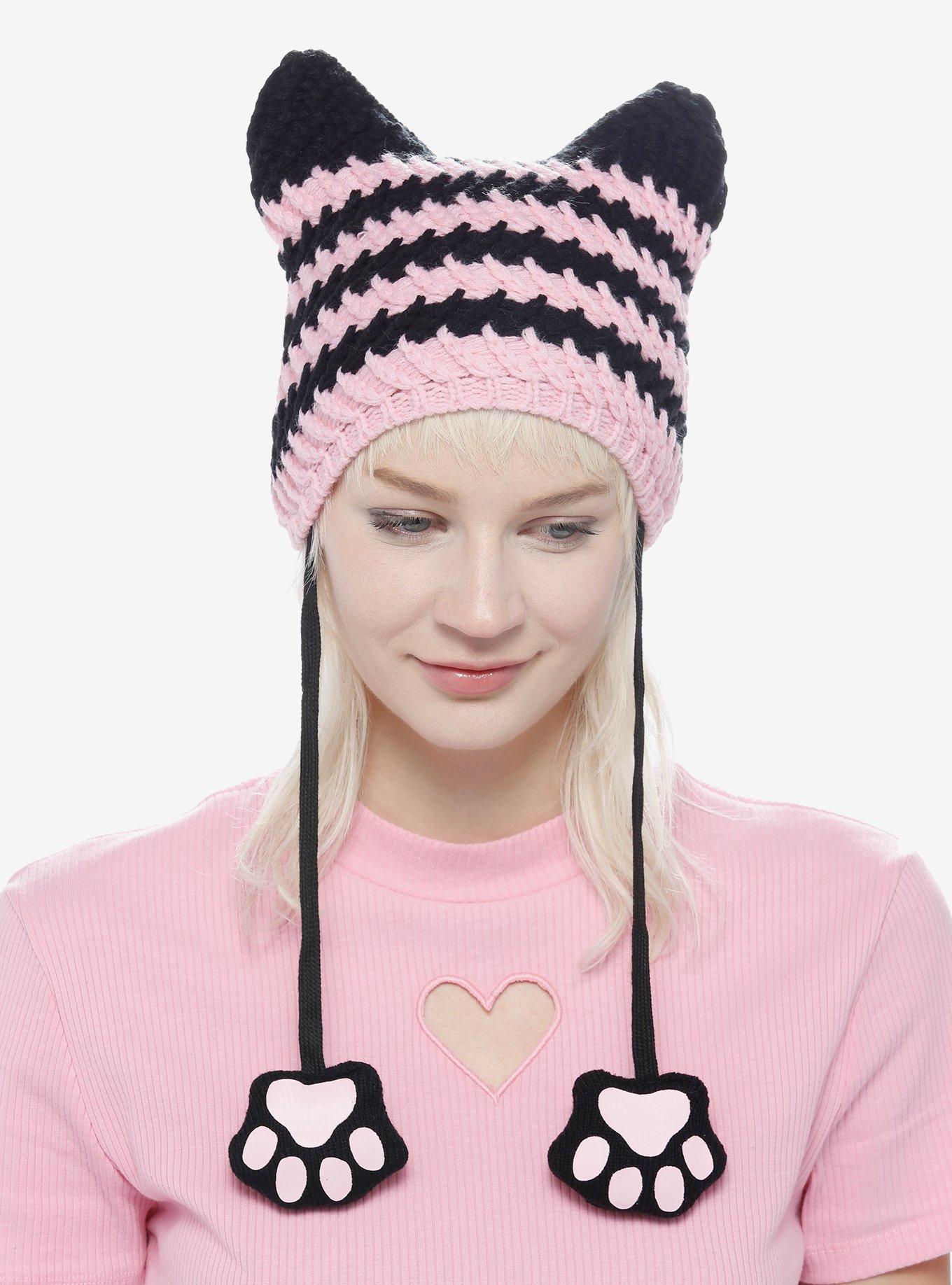 Pink & Black Cat Ear Tassel Beanie