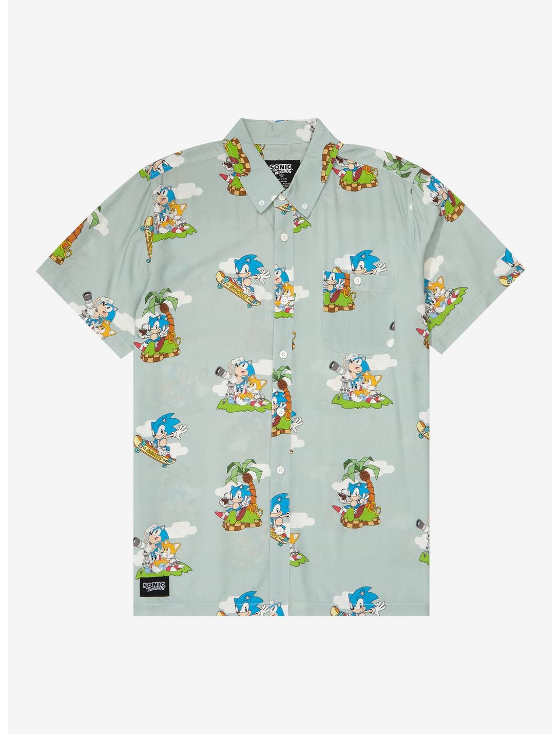 Sonic the Hedgehog Scenic Allover Print Woven Button-Up - BoxLunch Exclusive, LIGHT GREEN, hi-res