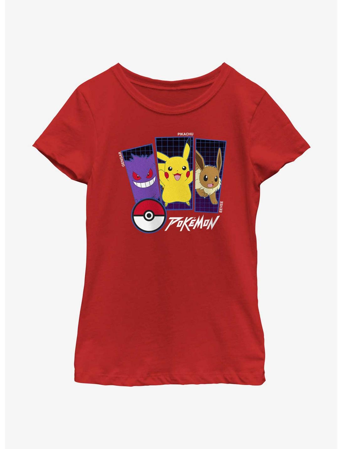 Pokemon Trio Gengar, Pikachu, and Eevee Youth Girls T-Shirt, RED, hi-res