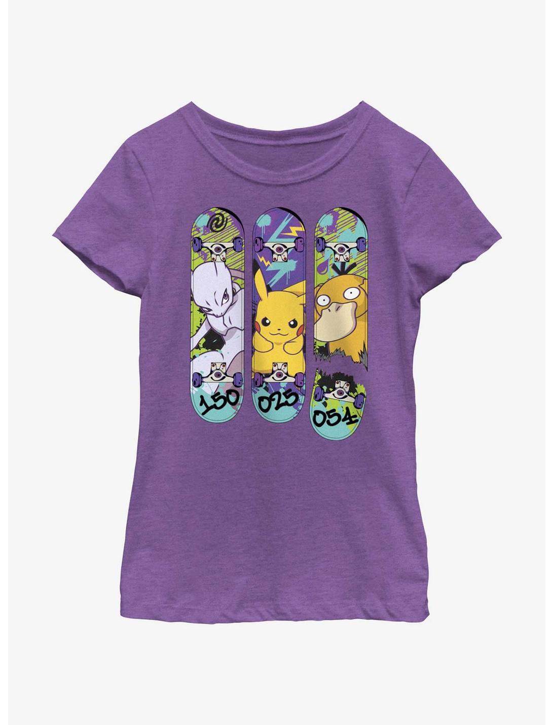 Pokemon Mewtwo, Pikachu, and Psyduck Skateboard Deck Art Youth Girls T-Shirt, PURPLE BERRY, hi-res