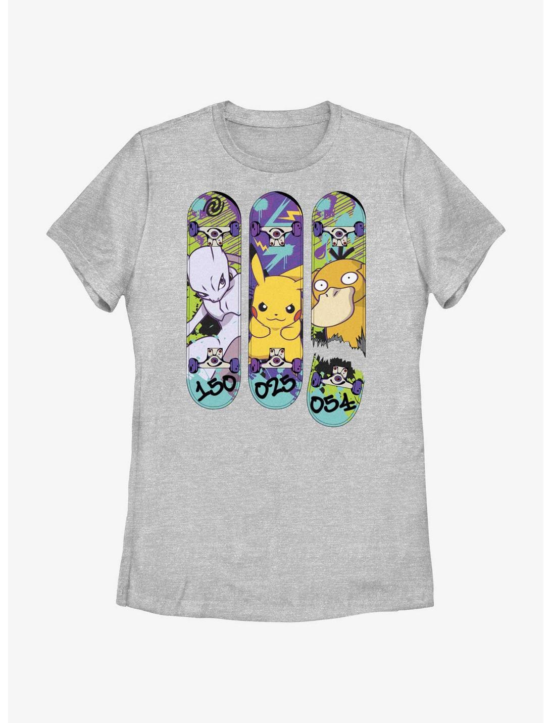 Pokemon Mewtwo, Pikachu, and Psyduck Skateboard Deck Art Womens T-Shirt, ATH HTR, hi-res