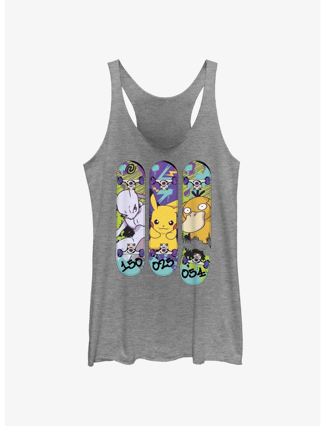 Pokemon Mewtwo, Pikachu, and Psyduck Skateboard Deck Art Womens Tank Top, GRAY HTR, hi-res