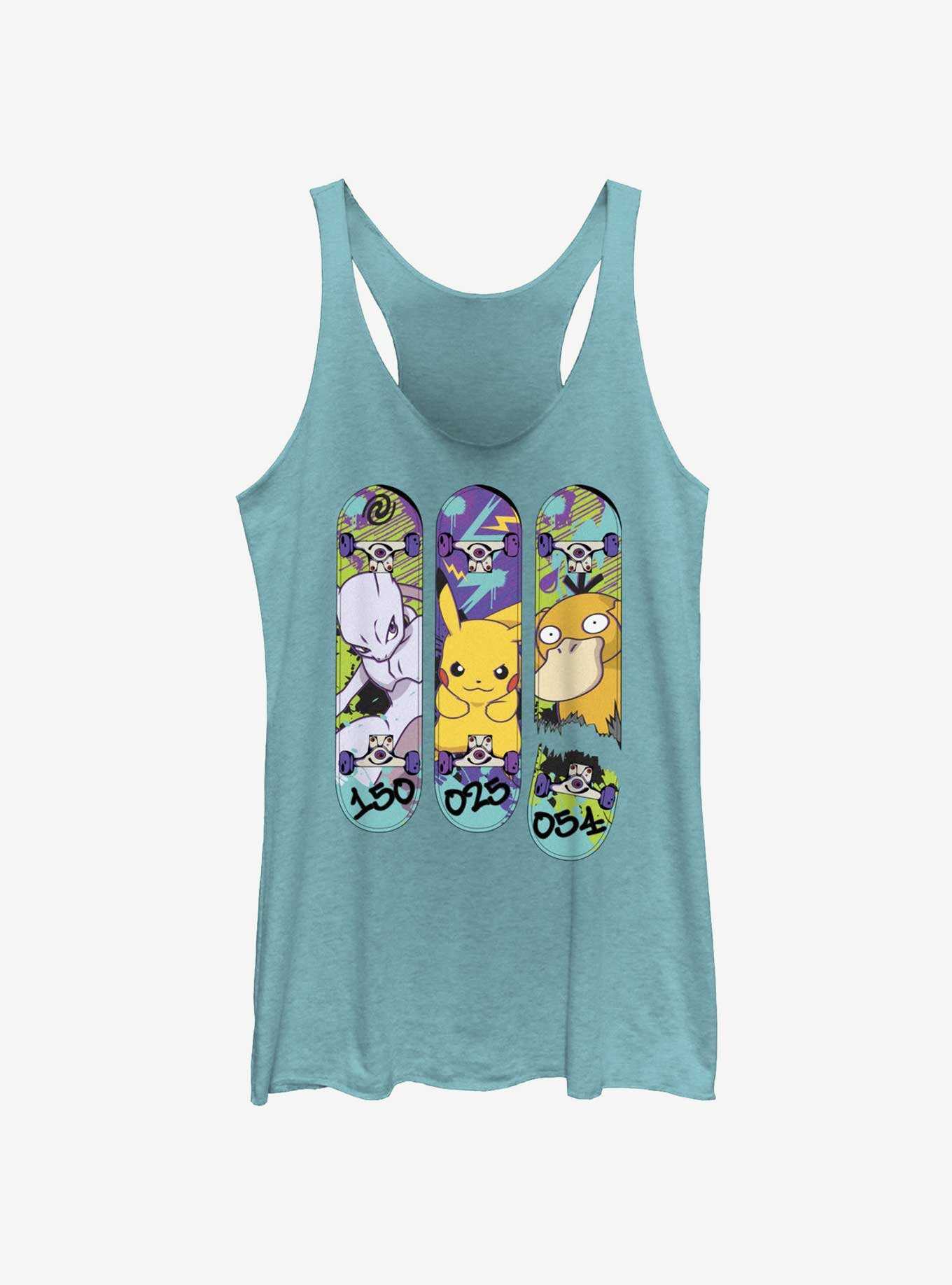 Pokemon Mewtwo, Pikachu, and Psyduck Skateboard Deck Art Womens Tank Top, , hi-res