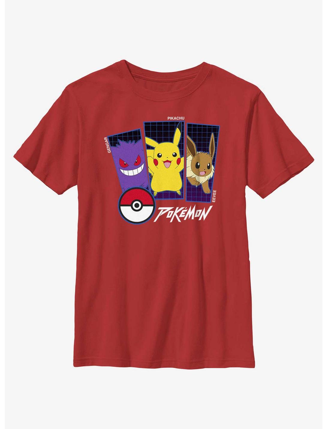 Pokemon Trio Gengar, Pikachu, and Eevee Youth T-Shirt, RED, hi-res