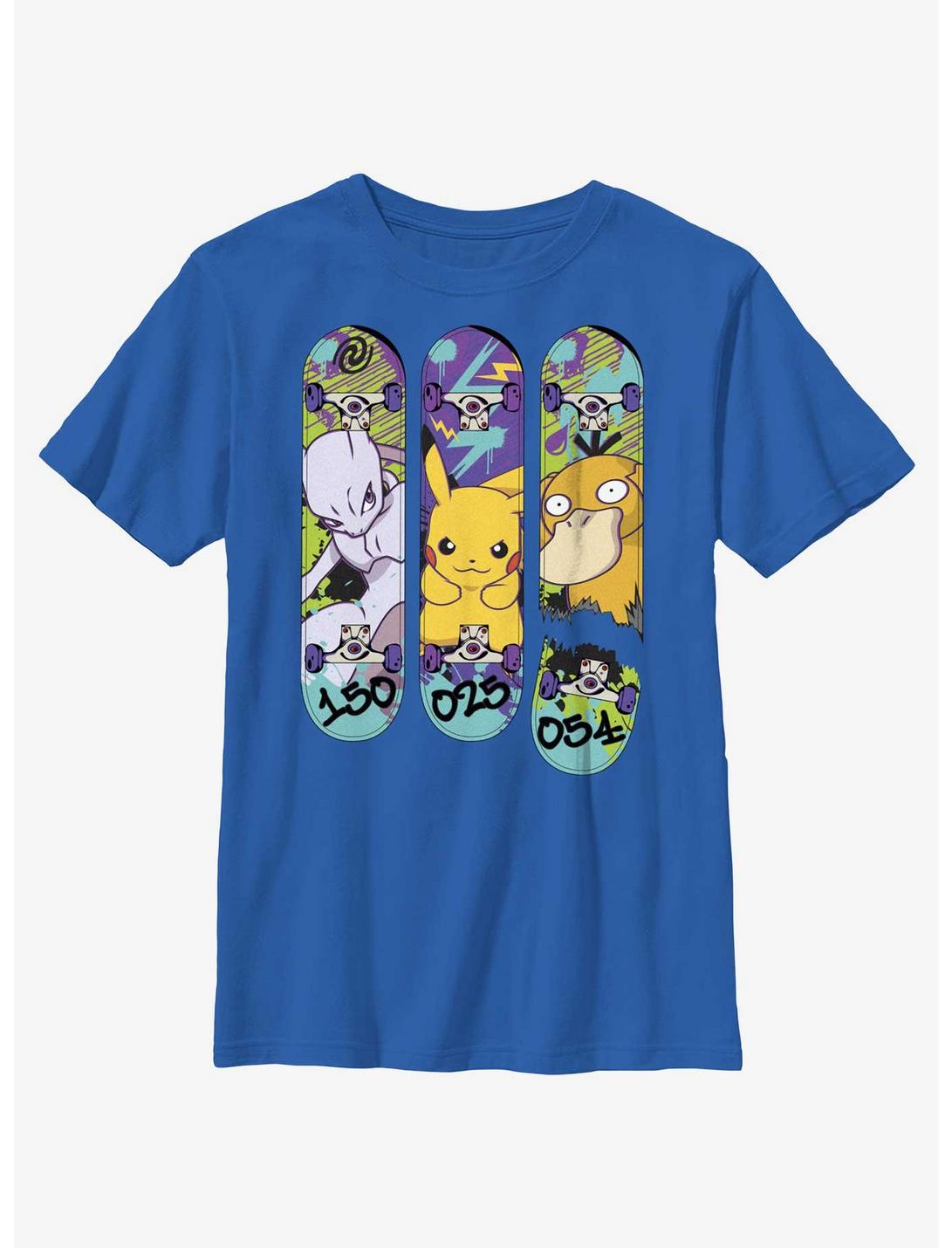 Pokemon Mewtwo, Pikachu, and Psyduck Skateboard Deck Art Youth T-Shirt, ROYAL, hi-res
