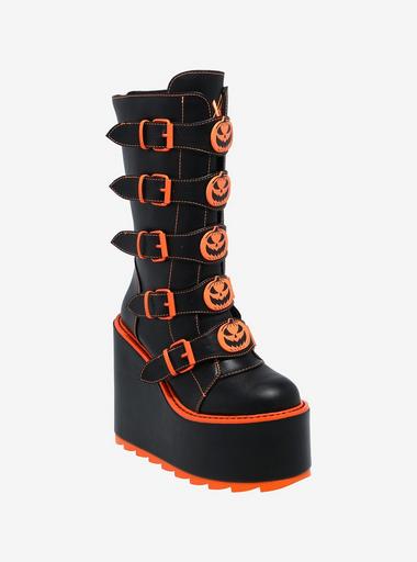 YRU Jack-O'-Lantern Buckle Patent Platform Boots | Hot Topic
