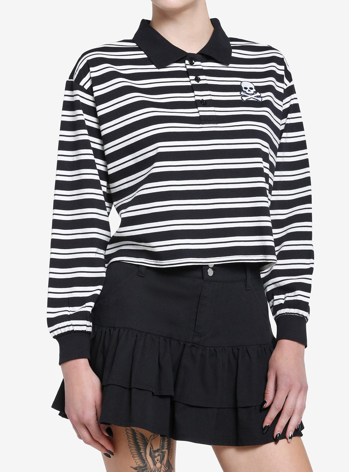 Social Collision Skull Striped Girls Crop Long-Sleeve Polo, STRIPES, hi-res