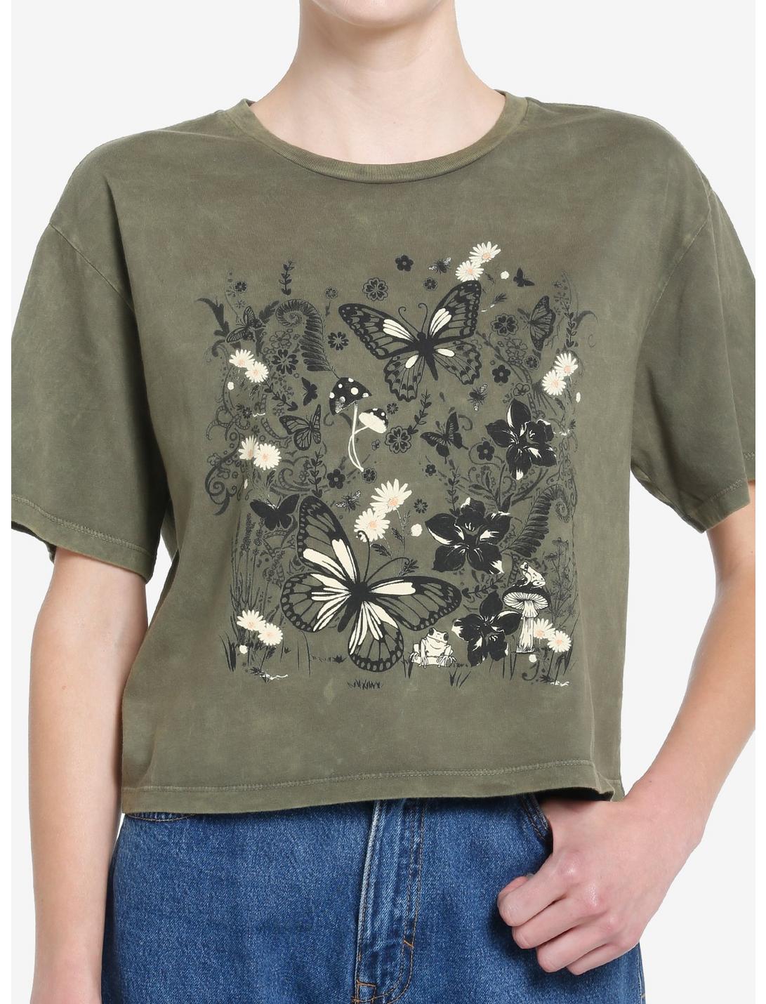 Thorn & Fable Butterfly Forest Green Wash Girls Crop T-Shirt, OLIVE, hi-res